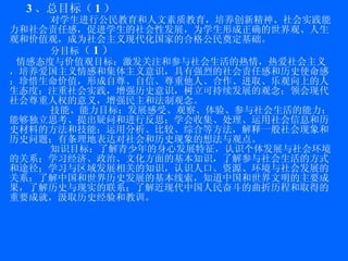 3 、总目标（ 1 ） 对学生进行公民教育和人文素质教育，培养创新精神、社会实践能力和社会责任感，促进学生的社会性发展，为学生形成正确的世界观、人生观和价值观，成为社会主义现代化国家的合格公民奠定基础。 分目标 （ 1 ） 情感态度与价值观目标 ：激发关注和参与社会生活的热情，热爱社会主义，培养爱国主义情感和集体主义意识，具有强烈的社会责任感和历史使命感；珍惜生命价值，形成自尊、自信、尊重他人、合作、进取、乐观向上的人生态度；注重社会实践，增强历史意识，树立可持续发展的观念；领会现代社会尊重人权的意义，增强民主和法制观念。 技能、能力目标 ：发展感受、观察、体验、参与社会生活的能力；能够独立思考、提出疑问和进行反思；学会收集、处理、运用社会信息和历史材料的方法和技能；运用分析、比较、综合等方法，解释一般社会现象和历史问题；有条理地表达对社会和历史现象的想法与观点。 知识目标： 了解青少年的身心发展特征，认识个体发展与社会环境的关系；学习经济、政治、文化方面的基本知识，了解参与社会生活的方式和途径；学习与区域发展相关的知识，认识人口、资源、环境与社会发展的关系；了解中国和世界历史发展的基本线索，知道中国和世界文明的主要成果，了解历史与现实的联系；了解近现代中国人民奋斗的曲折历程和取得的重要成就，汲取历史经验和教训。 
