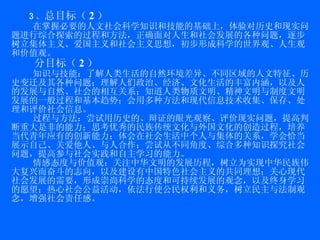 3 、 总目标 （ 2 ） 在掌握必要的人文社会科学知识和技能的基础上，体验对历史和现实问题进行综合探索的过程和方法，正确面对人生和社会发展的各种问题，逐步树立集体主义、爱国主义和社会主义思想，初步形成科学的世界观、人生观和价值观。 分目标 （ 2 ） 知识与技能： 了解人类生活的自然环境差异、不同区域的人文特征、历史变迁及其各种问题；理解人们政治、经济、文化生活的丰富内涵，以及人的发展与自然、社会的相互关系；知道人类物质文明、精神文明与制度文明发展的一般过程和基本趋势；会用多种方法和现代信息技术收集、保存、处理和评价社会信息。 过程与方法 ：尝试用历史的、辩证的眼光观察、评价现实问题，提高判断重大是非的能力；思考优秀的民族传统文化与外国文化的创造过程，培养当代青年应有的创新能力；体会在社会生活中个人与集体的关系，学会恰当展示自己、关爱他人、与人合作；尝试从不同角度、综合多种知识探究社会问题，提高参与社会实践和自主学习的能力。 情感态度与价值观 ：关注中华文明的发展历程，树立为实现中华民族伟大复兴而奋斗的志向，以及建设有中国特色社会主义的共同理想；关心现代社会发展的需要，形成崇尚科学的态度和可持续发展的观念，以及终身学习的愿望；热心社会公益活动，依法行使公民权利和义务，树立民主与法制观念，增强社会责任感。 
