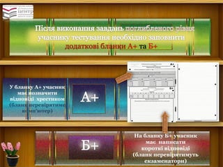 додаткові бланки А+ та Б+ 
У бланку А+ учасник 
має позначити 
відповіді хрестиком 
(бланк перевірятиме комп’ютер) 
На бланку Б+ учасник 
має написати 
короткі відповіді 
(бланк перевірятимуть екзаменатори)  