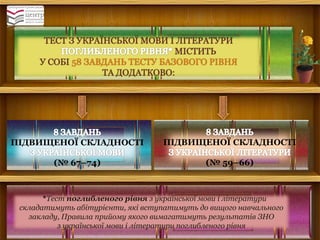 ТЕСТ З УКРАЇНСЬКОЇ МОВИ І ЛІТЕРАТУРИ МІСТИТЬ У СОБІ58 ЗАВДАНЬ ТЕСТУ БАЗОВОГО РІВНЯ ТА ДОДАТКОВО: ПІДВИЩЕНОЇ СКЛАДНОСТІ 
(№ 67–74) ПІДВИЩЕНОЇ СКЛАДНОСТІ (№ 59–66) 
*Тест поглибленого рівня з української мови і літератури складатимуть абітурієнти, які вступатимуть до вищого навчального закладу, Правила прийому якого вимагатимуть результатів ЗНО з української мови і літератури поглибленого рівня  