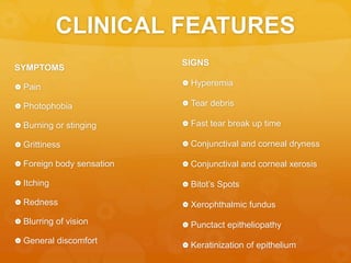 CLINICAL FEATURES
SYMPTOMS
 Pain
 Photophobia
 Burning or stinging
 Grittiness
 Foreign body sensation
 Itching
 Redness
 Blurring of vision
 General discomfort
SIGNS
 Hyperemia
 Tear debris
 Fast tear break up time
 Conjunctival and corneal dryness
 Conjunctival and corneal xerosis
 Bitot’s Spots
 Xerophthalmic fundus
 Punctact epitheliopathy
 Keratinization of epithelium
 