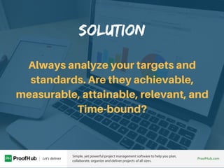 SOLUTION
Always analyze your targets and
standards. Are they achievable,
measurable, attainable, relevant, and
Time-bound?
 