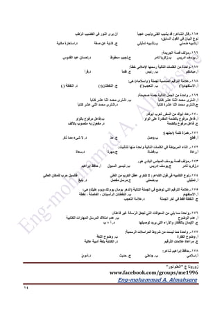 ‫ع‬ ‫زورونا‬"‫نور‬ ‫العلم‬"
www.facebook.com/groups/me1996
Eng-mohammad A. Almahsere‎‫‏‬‫‏‬‫‏‬‫‏‬
14
165-.‫الشاعر‬ ‫قال‬:ً‫ا‬‫عجب‬ ‫وليس‬ ‫الفتى‬ ‫يشيب‬ ‫قد‬‫يرى‬ ‫أن‬‫طب‬ّ‫ر‬‫ال‬ ‫القضيب‬ ‫في‬ ‫النور‬
‫السابق‬ ‫القول‬ ‫في‬ ‫البيان‬ ‫نوع‬:
‫أ‬.‫ضمني‬ ‫تشبيه‬‫ب‬.‫تمثيلي‬ ‫تشبيه‬‫ج‬.‫صفة‬ ‫عن‬ ‫كناية‬‫د‬.‫مكنية‬ ‫استعارة‬
166-.‫الجريمة‬ ‫قصة‬ ‫مؤلف‬:
‫أ‬.‫ادريس‬ ‫يوسف‬‫ب‬.‫تامر‬ ‫زكريا‬‫ج‬.‫محفوظ‬ ‫نجيب‬‫د‬.‫القدوس‬ ‫عبد‬ ‫إحسان‬
167-‫خطأ‬ ‫اإلمالئي‬ ‫رسمها‬ ‫التالية‬ ‫الكلمات‬ ‫من‬ ‫واحدة‬:
‫أ‬.‫مباد‬‫ئكم‬‫ب‬.‫رئيس‬‫ج‬.‫أ‬ِ‫م‬‫ظ‬‫د‬.‫قرأ‬
166-.‫لجملة‬ ‫المناسبة‬ ‫الترقيم‬ ‫عالمة‬(‫واسالماه‬)‫هي‬:
‫أ‬.‫االستفهام‬(‫؟‬)‫ب‬.‫التعجب‬)!(‫ج‬.‫النقطتان‬):(‫د‬.‫النقطة‬).(
169-.‫صحيحة‬ ‫جملة‬ ‫التالية‬ ‫الجمل‬ ‫من‬ ‫واحدة‬:
‫أ‬.ً‫ا‬‫كتاب‬ ‫عشر‬ ‫اثنتا‬ ‫محمد‬ ‫اشترى‬‫ب‬.ً‫ا‬‫كتاب‬ ‫عشر‬ ‫اثنا‬ ‫محمد‬ ‫اشترى‬
‫ج‬.‫اشترى‬ً‫ا‬‫كتاب‬ ‫عشرة‬ ‫اثنا‬ ‫محمد‬‫د‬.ً‫ا‬‫كتاب‬ ‫عشر‬ ‫اثني‬ ‫محمد‬ ‫اشترى‬
172-.‫السفر‬ ‫من‬ ‫أبوك‬ ‫عاد‬.‫أبوك‬ ‫تعرب‬:
‫أ‬.‫الواو‬ ‫على‬ ‫المقدرة‬ ‫بالضمة‬ ‫مرفوع‬ ‫فاعل‬‫ب‬.‫بالواو‬ ‫مرفوع‬ ‫فاعل‬
‫ج‬.‫بالضمة‬ ‫مرفوع‬ ‫فاعل‬‫د‬.‫باأللف‬ ‫منصوب‬ ‫به‬ ‫مفعول‬
171-.‫كلمة‬ ‫همزة‬(‫اجتهد‬:)
‫أ‬.‫قطع‬‫ب‬.‫وصل‬‫ج‬.ّ‫د‬‫م‬‫د‬.‫ذكر‬ ‫مما‬ ‫شىء‬ ‫ال‬
172-.‫للتأنيث‬ ‫منها‬ ‫واحدة‬ ‫التالية‬ ‫الكلمات‬ ‫في‬ ‫المربوطة‬ ‫التاء‬:
‫أ‬.‫رعاة‬‫ب‬.‫قضاة‬‫ج‬.‫مهرة‬‫د‬.‫سعاة‬
173-.‫هو‬ ‫البلدي‬ ‫المجلس‬ ‫يوسف‬ ‫قصة‬ ‫مؤلف‬:
‫د‬.‫تامر‬ ‫زكريا‬‫ج‬.‫إدريس‬ ‫يوسف‬‫ب‬.‫السبول‬ ‫تيسير‬‫أ‬.‫إبراهيم‬ ‫حافظ‬
174-.‫ق‬ ‫في‬ ‫التشبيه‬ ‫نوع‬‫الشاعر‬ ‫ول‬:‫الغني‬ ‫من‬ ‫الكريم‬ ‫عطل‬ ‫تنكري‬ ‫ال‬‫العالي‬ ‫للمكان‬ ‫حرب‬ ‫فالسيل‬
‫أ‬.‫تمثيلي‬‫ب‬.‫ضمني‬‫ج‬.‫مفصل‬ ‫مرسل‬‫د‬.‫بليغ‬
175-.‫التالية‬ ‫الجملة‬ ‫في‬ ‫توضع‬ ‫التي‬ ‫الترقيم‬ ‫عالمة‬(‫عليك‬ ‫ويوم‬ ‫لك‬ ‫يوم‬ ‫يومان‬ ‫الدهر‬)‫هي‬:
‫أ‬.‫االستفهام‬‫ب‬.، ‫الفاصلة‬ ، ‫الرأسيتان‬ ‫النقطتان‬‫نقطة‬
‫ج‬.‫الجملة‬ ‫آخر‬ ‫في‬ ‫فقط‬ ‫النقطة‬‫د‬.‫التعجب‬ ‫عالمة‬
176-.‫فاعلة‬ ‫غير‬ ‫سالة‬ّ‫ر‬‫ال‬ ‫تجعل‬ ‫التي‬ ‫المعوقات‬ ‫من‬ ‫يلي‬ ‫مما‬ ‫واحدة‬:
‫أ‬.‫الوضوح‬ ‫عدم‬‫ب‬.‫الكتابية‬ ‫المهارات‬ ‫المرسل‬ ‫امتالك‬ ‫عدم‬
‫ج‬.‫توصيلها‬ ‫يريد‬ ‫التي‬ ‫واآلراء‬ ‫باألفكار‬ ‫اإليمان‬‫د‬.‫أ‬+‫ب‬
177-.‫الرسمية‬ ‫المراسالت‬ ‫شروط‬ ‫من‬ ‫ليست‬ ‫مما‬ ‫واحدة‬:
‫أ‬.‫الفكرة‬ ‫وضوح‬‫ب‬.‫اللغة‬ ‫وضوح‬
‫ج‬.‫ّرقيم‬‫ت‬‫ال‬ ‫عالمات‬ ‫مراعاة‬‫د‬.‫عالية‬ ‫أدبية‬ ‫بلغة‬ ‫الكتابة‬
176-.‫شاعر‬ ‫إبراهيم‬ ‫حافظ‬:
‫أ‬.‫اسالمي‬‫ب‬.‫جاهلي‬‫ج‬.‫حديث‬‫د‬.ّ‫ي‬‫أمو‬
 