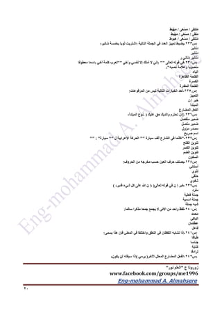 ‫ع‬ ‫زورونا‬"‫نور‬ ‫العلم‬"
www.facebook.com/groups/me1996
Eng-mohammad A. Almahsere‎‫‏‬‫‏‬‫‏‬‫‏‬
22
‫لتقى‬ُ‫م‬/‫ى‬َ‫ع‬ْ‫س‬َ‫م‬/‫ط‬َ‫ب‬ْ‫ه‬َ‫م‬
‫لقى‬َ‫م‬/‫ى‬َ‫ع‬ْ‫س‬َ‫م‬/ِ‫ْبط‬‫ه‬َ‫م‬
‫لتقى‬ُ‫م‬/‫ى‬َ‫ع‬ْ‫س‬َ‫م‬/‫هبوط‬
:‫س‬233-‫يضبط‬‫تمييز‬‫العدد‬‫في‬‫الجملة‬‫التالية‬:‫اشتريت‬‫ثوبا‬‫بخمسة‬‫دنانير‬:
َ‫دنانير‬
‫دنانير‬
‫دنانير‬‫دناني‬‫ر‬
:‫س‬234-‫في‬‫قوله‬‫تعالى‬: ""‫إني‬‫ال‬‫أملك‬‫إال‬‫نفسي‬‫وأخي‬""‫تعرب‬‫كلمة‬‫أخي‬:‫اسما‬‫معطوفا‬
‫منصوبا‬‫وعالمة‬‫نصبه‬:"
‫الياء‬
‫الفتحة‬‫الظاهرة‬
‫الكسرة‬
‫الفتحة‬‫المقدرة‬
:‫س‬.235-‫أحد‬‫الخيارات‬‫التالية‬‫ليس‬‫من‬‫المرفوعات‬:
‫التمييز‬
‫خبر‬‫إ‬‫ن‬
‫المبتدأ‬
‫الفعل‬‫المضارع‬
:‫س‬236-}‫أن‬‫تحترم‬‫والديك‬‫حق‬‫عليك‬. )‫نوع‬‫المبتدأ‬:
‫ضمير‬‫منفصل‬
‫ضمير‬‫متصل‬
‫مصدر‬‫مؤول‬
‫اسم‬‫صريح‬
:‫س‬237-"‫كأنما‬‫في‬‫الشارع‬‫ألف‬‫سيارة‬""‫الحركة‬‫اإلعرابية‬‫ل‬""‫سيارة‬"" : "
‫تنوين‬‫الفتح‬
‫تنوين‬‫الكسر‬
‫تنوين‬‫الضم‬
‫السكون‬
:‫س‬236-‫يصنف‬‫حرف‬‫العين‬‫حسب‬‫مخرجه‬‫من‬‫الحروف‬:
‫أسناني‬
‫لثوي‬
‫حلقي‬
‫شفوي‬
:‫س‬239-‫خبر‬‫إ‬‫ن‬‫في‬‫قوله‬‫تعالى‬: )‫إ‬‫ن‬‫هللا‬‫على‬‫كل‬‫شيء‬‫قدير‬( :
‫مفرد‬
‫جملة‬‫فعلية‬
‫جملة‬‫اسمية‬
‫شبه‬‫جملة‬
:‫س‬242-‫لفظ‬‫واحد‬‫من‬‫االتي‬‫ال‬‫يجمع‬‫جمعا‬‫مذكرا‬‫سالما‬:
‫محمد‬
‫الباكي‬
‫عطشان‬
‫فاعل‬
:‫س‬241-‫إذا‬‫تشابه‬‫اللفظان‬‫في‬‫النطق‬‫واختلفا‬‫في‬‫المعنى‬‫فإن‬‫هذا‬‫يسمى‬:
‫طباقا‬
‫جناسا‬
‫كناية‬
‫ترادفا‬
:‫س‬242-‫الفعل‬‫المضارع‬‫المعتل‬‫األخر‬)‫يرمي‬(‫إذا‬‫سبقته‬‫لن‬‫يكون‬:
 
