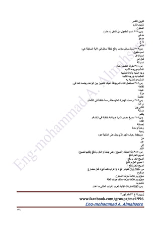 ‫ع‬ ‫زورونا‬"‫نور‬ ‫العلم‬"
www.facebook.com/groups/me1996
Eng-mohammad A. Almahsere‎‫‏‬‫‏‬‫‏‬‫‏‬
36
‫تنوين‬‫الكسر‬
‫تنوين‬‫الضم‬
‫السكون‬
:‫س‬.376-‫اسم‬‫المفعول‬‫من‬‫الفعل‬)‫دعا‬( :
‫مدعي‬
ّ‫و‬‫مدع‬
‫دا‬‫ع‬
‫داعي‬
:‫س‬379-‫سأل‬‫سائل‬‫بعذاب‬‫واقع‬‫لفظة‬‫سائل‬‫في‬‫اآلية‬‫السابقة‬‫هي‬:
‫اسم‬‫مفعول‬
‫اسم‬‫فاعل‬
‫فعل‬‫امر‬
‫اسم‬‫آلة‬
:‫س‬362-‫طرفا‬‫التشبيه‬‫هما‬:
‫المشبه‬‫ووجه‬‫الشبه‬
‫وجه‬‫الشبه‬‫وأداة‬‫التشبيه‬
‫المشبه‬‫به‬‫ووجه‬‫الشبه‬
‫المشبه‬‫والمشبه‬‫به‬
:‫س‬361-‫نستعمل‬‫التاء‬‫المربوطة‬ً‫ا‬‫أحيان‬‫للتمييز‬‫بين‬‫الواحد‬‫وجنسه‬‫كما‬‫في‬:
‫تفاحة‬
‫عبيدة‬
‫ة‬ّ‫ر‬َ‫م‬
‫عائشة‬
:‫س‬362-‫رسمت‬‫الهمزة‬‫المتوسطة‬ً‫ا‬‫رسم‬ً‫ا‬‫خاطئ‬‫في‬‫الكلمة‬:
‫ي‬‫ن‬ّ‫ذ‬‫أ‬
‫ناشئ‬‫ون‬
‫مسألة‬
‫يلتئم‬
:‫س‬363-‫يغ‬ِ‫ص‬‫مصدر‬‫المرة‬‫صياغة‬‫خاطئة‬‫في‬‫الكلمة‬:
‫إفادة‬
‫إحسانة‬
‫رحمة‬‫واحدة‬
‫مية‬َ‫ر‬
:‫س‬. 384‫حرف‬‫الجر‬‫الذي‬‫يدل‬‫على‬‫الملكية‬‫هو‬:
‫من‬
‫عن‬
‫إلى‬
‫الالم‬
:‫س‬.365-‫إذا‬‫أدخلنا‬)‫أصبح‬(‫على‬‫جملة‬)‫العل‬‫م‬ٌ‫ع‬‫ناف‬(‫فإنها‬‫تصبح‬:
‫أصبح‬َ‫م‬‫العل‬ٌ‫ع‬‫ناف‬
‫أصبح‬‫العل‬‫م‬‫نافع‬
‫ا‬‫أصبح‬‫العل‬‫م‬ٌ‫ع‬‫ناف‬
‫أصبح‬َ‫م‬‫العل‬‫نافع‬‫ا‬
‫س‬).386-ْ‫وإن‬‫تعودوا‬‫نع‬‫د‬(‫إعراب‬‫كلمة‬‫نع‬‫د‬‫فعل‬‫مضارع‬
‫مرفوع‬
‫مجزوم‬‫وعالمة‬‫جزمه‬‫السكون‬
‫مجزوم‬‫وعالمة‬‫جزمه‬‫حذف‬‫حرف‬‫العلة‬
‫منصوب‬
:‫س‬387-‫المفردات‬‫اآلتية‬‫تعرب‬‫إعراب‬‫المثنى‬‫ما‬‫عدا‬:
 