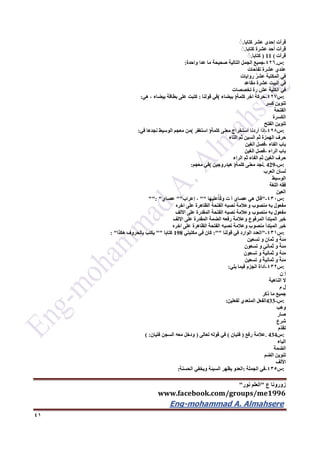‫ع‬ ‫زورونا‬"‫نور‬ ‫العلم‬"
www.facebook.com/groups/me1996
Eng-mohammad A. Almahsere‎‫‏‬‫‏‬‫‏‬‫‏‬
41
‫قرأت‬‫إحدى‬‫عشر‬‫كتابا‬.ًٍ
‫قرأت‬‫أحد‬‫عشرة‬‫كتابا‬.ًٍ
‫قرأت‬) 11 (‫كتابا‬.ًٍ
:‫س‬.426-‫جميع‬‫الجمل‬‫التالية‬‫صحيحة‬‫ما‬‫عدا‬‫واحدة‬:
‫عندي‬‫عشرة‬‫تفاحات‬
‫في‬‫المكتبة‬ُ‫ر‬‫عش‬‫روايات‬
‫في‬‫البيت‬‫عشرة‬‫مقاعد‬
‫في‬‫الكلية‬‫عش‬‫رة‬‫تخصصات‬
:‫س‬427-‫حركة‬‫اخر‬‫كلمة‬)‫بيضاء‬(‫في‬‫قولنا‬:‫كتبت‬‫على‬‫بطاقة‬‫بيضاء‬،‫هي‬:
‫تنوين‬‫كسر‬
‫الفتحة‬
‫الكسرة‬
‫تنوين‬‫الفتح‬
:‫س‬426-‫إذا‬‫أردنا‬‫استخراج‬‫معنى‬‫كلمة‬)‫استغفر‬(‫من‬‫معجم‬‫الوسيط‬‫نجدها‬‫في‬:
‫حرف‬‫الهمزة‬‫ثم‬‫السين‬‫ثم‬‫التاء‬
‫باب‬‫الفاء‬-‫فصل‬‫الغين‬
‫باب‬‫الراء‬-‫فصل‬‫الغين‬
‫حرف‬‫الغين‬‫ثم‬‫الفاء‬‫ثم‬‫الراء‬
:‫س‬. 429-‫نجد‬‫معنى‬‫كلمة‬)‫هيدروجين‬(‫في‬‫معجم‬:
‫لسان‬‫العرب‬
‫الوسيط‬
‫فقه‬‫اللغة‬
‫العين‬
:‫س‬432-"‫قال‬‫هي‬‫عصاي‬‫أ‬‫ت‬‫عليها‬ُ‫أ‬َّ‫ك‬‫و‬""،‫إعراب‬""‫عصاي‬"": "
‫مفعول‬‫به‬‫منصوب‬‫وعالمة‬‫نصبه‬‫الفتحة‬‫الظاهرة‬‫على‬‫اخره‬
‫مفعول‬‫به‬‫منصوب‬‫وعالمة‬‫نصبه‬‫الفتحة‬‫المقدرة‬‫على‬‫االلف‬
‫خبر‬‫المبتدأ‬‫المرفوع‬‫وعالمة‬‫رفعه‬‫الضمة‬‫المقدرة‬‫على‬‫االلف‬
‫خبر‬‫المبتدأ‬‫منصوب‬‫وعالمة‬‫نصبه‬‫الفتحة‬‫الظاهرة‬‫على‬‫اخره‬
:‫س‬431-"‫العدد‬‫الوارد‬‫في‬‫قولنا‬:""‫كان‬‫في‬‫مكتبتي‬198‫كتابا‬""‫يكتب‬‫بالحروف‬‫هكذا‬: "
ً‫ة‬‫مئ‬‫و‬‫ثمان‬‫و‬‫تسعين‬
ً‫ة‬‫مئ‬‫و‬‫ثماني‬‫و‬‫تسعون‬
‫مئة‬‫و‬‫ثمانية‬‫و‬‫تسعون‬
ً‫ة‬‫مئ‬‫و‬ً‫ة‬‫ثماني‬‫و‬‫تسعين‬
:‫س‬432-‫أداة‬‫الجزم‬‫فيما‬‫يلي‬:
‫إ‬‫ن‬
‫ال‬‫الناهية‬
‫ل‬‫م‬
‫جميع‬‫ما‬‫ذكر‬
:‫س‬433-‫الفعل‬‫المتعدي‬‫لفعلين‬:
‫وهب‬
‫صار‬
‫شرع‬
‫ّم‬‫د‬‫تق‬
:‫س‬. 434‫عالمة‬‫رفع‬)‫فتيان‬(‫في‬‫قوله‬‫تعالى‬)‫ودخل‬‫معه‬‫السجن‬‫فتيان‬( :
‫الياء‬
‫الضمة‬
‫تنوين‬‫الضم‬
‫األلف‬
:‫س‬435-‫في‬‫الجملة‬:‫العدو‬‫يظهر‬‫السيئة‬‫ويخفي‬‫الحسنة‬:
 