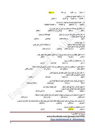 ‫ع‬ ‫زورونا‬"‫نور‬ ‫العلم‬"
www.facebook.com/groups/me1996
Eng-mohammad A. Almahsere‎‫‏‬‫‏‬‫‏‬‫‏‬
5
‫أ‬–‫ب‬ ‫أسئلة‬–‫ج‬ ‫أفئدة‬–‫فئة‬‫د‬–‫سيأة‬
42.‫في‬ ‫الوسيط‬ ‫المعجم‬ ‫تأليف‬ ‫تم‬:
‫أ‬.‫ب‬ ‫القاهرة‬.‫ج‬ ‫الكويت‬.‫د‬ ‫األردن‬.‫العراق‬
43.‫قولنا‬ ‫بعد‬ ‫المناسبة‬ ‫الترقيم‬ ‫عالمة‬:‫هللا‬ ‫شاء‬ ‫ما‬
‫ا‬.‫ب‬ ‫التعجب‬.‫ج‬ ‫االستفهام‬.‫د‬ ‫الفاصلة‬.‫المنقوطة‬ ‫الفاصلة‬
44.‫وزن‬ ‫على‬ ‫يأتي‬ ‫أن‬ ‫ق‬ِ‫ر‬ِ‫ش‬ ‫من‬ ‫المكان‬ ‫اسم‬ ‫صياغة‬ ‫في‬ ‫األصل‬:
‫أ‬.‫ل‬َ‫ع‬ْ‫ف‬َ‫م‬‫ب‬.‫ل‬ِ‫ع‬ْ‫ف‬َ‫م‬‫ج‬.‫المفعول‬ ‫اسم‬ ‫وزن‬ ‫على‬‫د‬.‫مفعال‬
45.‫الشاعر‬ ‫قال‬:‫الزنج‬ ‫من‬ ‫عروس‬ ‫هذه‬ ‫ليلتي‬‫جمان‬ ‫من‬ ‫قالئد‬ ‫عليها‬
‫تشبيه‬ ‫السابق‬ ‫البيت‬ ‫في‬:
‫أ‬.‫بليغ‬‫ب‬.‫مفصل‬ ‫مؤكد‬‫ج‬.‫ضمني‬‫د‬.‫تمثيلي‬
46.‫الشاعر‬ ‫يقول‬:
‫مسالكها‬ ‫تسلك‬ ‫ولم‬ ‫النجاة‬ ‫ترجو‬‫اليبس‬ ‫على‬ ‫تمشي‬ ‫ال‬ ‫السفينة‬ ‫إن‬
‫تشبيه‬ ‫السابق‬ ‫البيت‬ ‫في‬ ‫التشبيه‬:
‫أ‬.‫ضمني‬‫ب‬.‫مفصل‬ ‫مرسل‬‫ج‬.‫تمثيلي‬‫د‬.‫مجمل‬ ‫مرسل‬
47.‫عليه‬ ‫نطلق‬ ‫فإننا‬ ‫الحقيقي‬ ‫المعنى‬ ‫أراد‬ ‫جواز‬ ‫مع‬ ‫معناه‬ ‫الزم‬ ‫به‬ ‫وأريد‬ ‫اللفظ‬ ‫أطلق‬ ‫إذا‬:
‫أ‬.‫جناس‬‫ب‬.‫تورية‬‫ج‬.‫كناية‬‫د‬.‫طباق‬
46.‫الفعل‬ ‫من‬ ‫المفعول‬ ‫اسم‬(‫رمي‬:)
‫أ‬.‫رامي‬‫ب‬.ّ‫ي‬‫مرم‬‫ج‬.‫مرموي‬‫د‬.‫مرمي‬
49.‫تعالى‬ ‫قال‬":‫هللا‬ ‫من‬ ‫يستخفون‬ ‫وال‬ ‫الناس‬ ‫من‬ ‫يستخفون‬"‫السابقة‬ ‫اآلية‬ ‫في‬ ‫البديعي‬ ‫المحسن‬:
‫أ‬.‫إيجاب‬ ‫طباق‬‫ب‬.‫سلب‬ ‫طباق‬‫د‬.‫تام‬ ‫جناس‬‫د‬.‫ناقص‬ ‫جناس‬
52.‫قال‬-‫وسل‬ ‫عليه‬ ‫هللا‬ ‫صلى‬‫م‬:‫الخير‬ ‫نواصيها‬ ‫في‬ ‫معقود‬ ‫الخيل‬.
‫السابق‬ ‫القول‬ ‫في‬ ‫البديعي‬ ‫المحسن‬:
‫أ‬.‫طباق‬‫ب‬.‫استعارة‬‫ج‬.‫ترادف‬‫د‬.‫جناس‬
51.‫ثوبك‬ ‫في‬ ‫المجد‬:‫عن‬ ‫كناية‬ ‫السابقة‬ ‫العبارة‬ ‫في‬ ‫الكناية‬ ‫جاءت‬:
‫أ‬.‫صفة‬‫ب‬.‫نسبة‬‫ج‬.‫موصوف‬‫د‬.‫وموصوف‬ ‫صفة‬
52.‫الشاعر‬ ‫يقول‬:‫المطل‬ ‫القمر‬ ‫أيها‬ ً‫ا‬‫أمان‬‫تسل‬ ‫أسياف‬ ‫جفنيك‬ ‫فمن‬
‫السابق‬ ‫البيت‬ ‫في‬ ‫خط‬ ‫تحته‬ ‫فيما‬ ‫االستعارة‬:
‫أ‬.‫تمثيلية‬‫ب‬.‫مكنية‬‫ج‬.‫تصريحيه‬‫د‬.‫ذكر‬ ‫مما‬ ‫شئ‬ ‫ال‬
53.‫منتهاها‬ ‫إلى‬ ‫مبدئها‬ ‫من‬ ‫المحاضرة‬ ‫حضرت‬.‫السابقة‬ ‫العبارة‬ ‫في‬ ‫خط‬ ‫تحته‬ ‫الذي‬ ‫المشتق‬:
‫أ‬.‫مفعول‬ ‫اسم‬‫ب‬.‫مكان‬ ‫اسم‬‫ج‬.‫زمان‬ ‫اسم‬‫د‬.‫فاعل‬ ‫اسم‬
54.‫المستوى‬ ‫هو‬ ‫الكالم‬ ‫أواخر‬ ‫ضبط‬ ‫خالل‬ ‫من‬ ‫وذلك‬ ‫مفيد‬ ‫معنى‬ ‫لتأدية‬ ‫الكالم‬ ‫وتنظيم‬ ‫الجمل‬ ‫تراكيب‬ ‫في‬ ‫يبحث‬ ‫الذي‬ ‫المستوى‬:
‫الصرفي‬ ‫أ‬‫ب‬.‫الداللي‬‫ج‬.‫النحوي‬‫د‬.‫البالغي‬
55.‫الفعل‬ ‫من‬ ‫المفعول‬ ‫اسم‬(‫زان‬)‫هو‬:
‫أ‬.‫مزيون‬‫ب‬.‫زين‬َ‫م‬‫ج‬.‫موزان‬‫د‬.‫زين‬ُ‫م‬
 