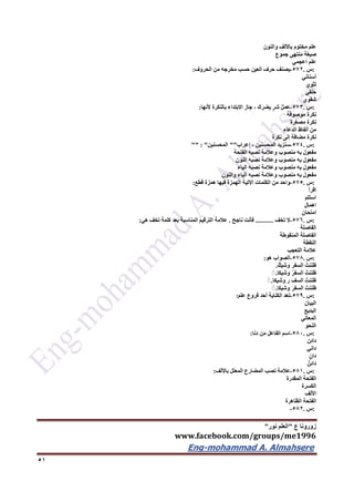 ‫ع‬ ‫زورونا‬"‫نور‬ ‫العلم‬"
www.facebook.com/groups/me1996
Eng-mohammad A. Almahsere‎‫‏‬‫‏‬‫‏‬‫‏‬
51
‫علم‬‫مختوم‬‫باأللف‬‫والنون‬
‫صيغة‬‫منتهى‬‫جموع‬
‫علم‬‫اعجمي‬
:‫س‬.572-‫يصنف‬‫حرف‬‫العين‬‫حسب‬‫مخرجه‬‫من‬‫الحروف‬:
‫أسناني‬
‫لثوي‬
‫حلقي‬
‫شفوي‬
:‫س‬.573-ُ‫ل‬‫عم‬‫شر‬‫يضرك‬،‫جاز‬‫االبتداء‬‫بالنكرة‬‫ألنها‬:
‫نكرة‬‫موصوفة‬
‫نكرة‬‫مصغرة‬
‫من‬‫ألفاظ‬‫الدعاء‬
‫نكرة‬‫مضافة‬‫إلى‬‫نكرة‬
:‫س‬.574-‫سنزيد‬‫المحسنين‬،‫إعراب‬""‫المحسنين‬"" : "
‫مفعول‬‫به‬‫منصوب‬‫وعالمة‬‫نصبه‬‫الفتحة‬
‫مفعول‬‫به‬‫منصوب‬‫وعالمة‬‫نصبه‬‫النون‬
‫مفعول‬‫به‬‫منصوب‬‫وعالمة‬‫نصبه‬‫الياء‬
‫مفعول‬‫به‬‫منصوب‬‫وعالمة‬‫نصبه‬‫الياء‬‫والنون‬
:‫س‬.575-‫واحد‬‫من‬‫الكلمات‬‫االتية‬‫الهمزة‬‫فيها‬‫همزة‬‫قطع‬:
‫اقرأ‬
‫استلم‬
‫اهمال‬
‫امتحان‬
:‫س‬.576-‫ال‬‫تخف‬...........‫فأنت‬‫ناجح‬.‫عالمة‬‫الترقيم‬‫المناسبة‬‫بعد‬‫كلمة‬‫تخف‬‫هي‬:
‫الفاصلة‬
‫الفاصلة‬‫المنقوطة‬
‫النقطة‬
‫عالمة‬‫التعجب‬
:‫س‬.576-‫الصواب‬‫هو‬:
ُ‫ظننت‬َ‫ر‬‫السف‬ٌ‫ك‬‫وشي‬.
ُ‫ظننت‬ُ‫ر‬‫السف‬‫وشيكا‬.ًٍ
ُ‫ظننت‬‫السف‬‫ر‬‫وشيكا‬.ًٍ
ُ‫ظننت‬َ‫ر‬‫السف‬‫وشيكا‬.ًٍ
:‫س‬.579-‫تعد‬‫الكناية‬‫أحد‬‫فروع‬‫علم‬:
‫البيان‬
‫البديع‬
‫المعاني‬
‫النحو‬
:‫س‬.562-‫اسم‬‫الفاعل‬‫من‬‫دنا‬:
‫دائن‬
‫داني‬
‫دان‬
ٌ‫دائن‬
:‫س‬.561-‫عالمة‬‫نصب‬‫المضارع‬‫المعتل‬‫باأللف‬:
‫الفتحة‬‫المقدرة‬
‫الكسرة‬
‫األلف‬
‫الفتحة‬‫الظاهرة‬
:‫س‬.562-
 