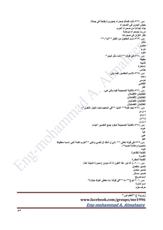‫ع‬ ‫زورونا‬"‫نور‬ ‫العلم‬"
www.facebook.com/groups/me1996
Eng-mohammad A. Almahsere‎‫‏‬‫‏‬‫‏‬‫‏‬
53
:‫س‬.592-‫أتت‬‫كلمة‬)‫صحراء‬(‫مجرورة‬‫بفتحة‬‫في‬‫جملة‬:
‫يعيش‬‫البدوي‬‫في‬‫الصحراء‬
‫جاء‬‫أجدادنا‬‫من‬‫صحراء‬‫العرب‬
‫مررت‬‫بصحراء‬‫موحشة‬
‫تكثر‬‫ن‬َ‫ل‬‫الغز‬‫في‬‫صحرائنا‬
:‫س‬.593-‫اسم‬‫المفعول‬‫من‬‫الفعل‬""‫م‬َ‫ل‬"":"
‫مالم‬
‫ملموم‬
‫مل‬‫م‬
‫ملوم‬
:‫س‬.594-‫في‬‫قولنا‬:""‫أنت‬‫مثل‬‫البحر‬"
‫حقيقة‬
‫تشبيه‬
‫استعارة‬
‫جناس‬
:‫س‬.595-‫َسم‬‫ال‬‫ا‬‫المقصور‬‫فيما‬‫يلي‬:
‫دعاء‬
‫موسى‬
‫القاضي‬
‫غاو‬
:‫س‬.596-‫التثنية‬‫الصحيحة‬‫فيما‬‫يأتي‬‫هي‬:
‫الطالبتان‬‫األفضالن‬
‫الطالبتان‬‫األفضلتان‬
‫الطالبتان‬‫الفضليان‬
‫الطالبتان‬‫الفضليتان‬
:‫س‬.597-‫نجد‬‫كلمة‬""‫الدنيا‬""‫في‬‫المعجم‬‫تحت‬‫الجذر‬‫اللغوي‬:"
‫د،ن،ي‬
‫د،ن،و‬
‫و،د،ن‬
‫د،ن،ن‬
:‫س‬.596-‫الكتابة‬‫الصحيحة‬‫لمفرد‬‫جمع‬‫التكسير‬‫أعباء‬:
‫عبء‬
‫عبأ‬
‫عبئ‬
‫عبؤ‬
:‫س‬.599-‫في‬‫قوله‬‫تعالى‬: ""‫إني‬َ‫ل‬‫أملك‬َ‫ل‬‫إ‬‫نفسي‬‫وأخي‬""‫تعرب‬‫كلمة‬‫أخي‬:‫اسما‬‫معطوفا‬
‫منصوبا‬‫وعالمة‬‫نصبه‬:"
‫الياء‬
‫الفتحة‬‫الظاهرة‬
‫الكسرة‬
‫الفتحة‬‫المقدرة‬
:‫س‬.622-(‫أنا‬‫نور‬‫هذا‬‫الكون‬‫إذ‬‫أنا‬‫مؤمن‬)‫صورة‬‫المبتدأ‬‫هنا‬:
‫ضمير‬‫منفصل‬
‫ضمير‬‫متصل‬
‫ضمير‬‫مستتر‬
‫اسم‬‫صريح‬
:‫س‬.621-‫نوع‬""‫ما‬""‫في‬‫قولنا‬:‫ما‬‫معطى‬‫أخوك‬‫جائزة‬"
‫اسم‬‫إشارة‬
‫حرف‬‫جزم‬
 