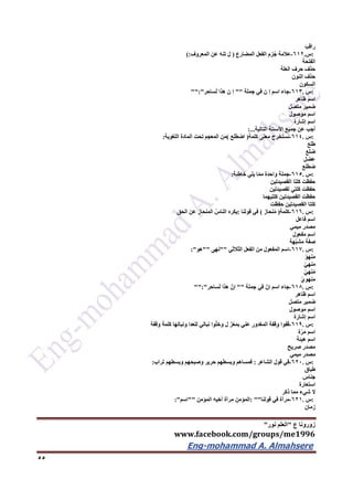 ‫ع‬ ‫زورونا‬"‫نور‬ ‫العلم‬"
www.facebook.com/groups/me1996
Eng-mohammad A. Almahsere‎‫‏‬‫‏‬‫‏‬‫‏‬
55
َ‫راقب‬
:‫س‬.612-‫عالمة‬‫زم‬ُ‫ج‬‫الفعل‬‫المضارع‬)َ‫ل‬َ‫ه‬‫تن‬‫عن‬‫المعروف‬(:
‫الفتحة‬
‫حذف‬‫حرف‬‫العلة‬
‫حذف‬‫النون‬
‫السكون‬
:‫س‬.613-‫جاء‬‫اسم‬‫إ‬‫ن‬‫في‬‫جملة‬""‫إ‬‫ن‬‫هذا‬‫ساحر‬َ‫ل‬"":"
‫اسم‬‫ظاهر‬
‫ضمير‬‫متصل‬
‫اسم‬‫موصول‬
‫اسم‬‫إشارة‬
‫أجب‬‫عن‬‫جميع‬‫األسئلة‬‫التالية‬:...
:‫س‬.614-‫نستخرج‬‫معنى‬‫كلمة‬)‫اضطلع‬(‫من‬‫المعجم‬‫تحت‬‫المادة‬‫اللغوية‬:
‫طلع‬
‫ضلع‬
‫عضل‬
‫ضطلع‬
:‫س‬.615-‫جملة‬‫واحدة‬‫ا‬ّ‫م‬‫م‬‫يلي‬‫خاطئة‬:
‫حفظت‬‫كلتا‬‫القصيدتين‬
‫حفظت‬‫كلتي‬‫لقصيدتين‬
‫حفظت‬‫القصيدتين‬‫كلتيهما‬
‫كلتا‬‫القصيدتين‬‫حفظت‬
:‫س‬.616-‫كلمة‬)‫نحاز‬ُ‫م‬(‫في‬‫قولنا‬:‫يكره‬ُ‫الناس‬َ‫ز‬‫المنحا‬‫عن‬‫الحق‬
‫اسم‬‫فاعل‬
‫مصدر‬‫ميمي‬
‫اسم‬‫مفعول‬
‫صفة‬‫هة‬ّ‫ب‬‫مش‬
:‫س‬.617-‫اسم‬‫المفعول‬‫من‬‫الفعل‬‫الثالثي‬""‫نهى‬""‫هو‬:"
ّ‫و‬‫نه‬َ‫م‬
ّ‫ي‬‫نه‬َ‫م‬
ّ‫ي‬‫نه‬ُ‫م‬
ّ‫ي‬‫منهو‬
:‫س‬.616-‫جاء‬‫اسم‬ّ‫إن‬‫في‬‫جملة‬""ّ‫إن‬‫هذا‬‫ساحر‬َ‫ل‬"":"
‫اسم‬‫ظاهر‬
‫ضمير‬‫متصل‬
‫اسم‬‫موصول‬
‫اسم‬‫إشارة‬
:‫س‬.619-‫قفوا‬‫قفة‬ِ‫و‬ِ‫ر‬‫المغدو‬‫عني‬َ‫ز‬ْ‫ع‬َ‫م‬‫ب‬‫ل‬‫وا‬ّ‫ل‬‫وخ‬‫نبالي‬‫للعدا‬‫ونبالها‬‫كلمة‬‫وقفة‬
‫اسم‬‫ة‬ّ‫ر‬‫م‬
‫اسم‬‫هيئة‬
‫مصدر‬‫صريح‬
‫مصدر‬‫ميمي‬
:‫س‬.622-‫في‬‫قول‬‫الشاعر‬:‫فمساهم‬‫وبسطهم‬‫حرير‬‫وصبحهم‬‫وبسطهم‬‫تراب‬:
‫طباق‬
‫جناس‬
‫استعارة‬
‫ال‬‫شيء‬‫مما‬‫ذكر‬
:‫س‬.621-‫مرآة‬‫في‬‫قولنا‬: ""‫المؤمن‬‫مرآة‬‫أخيه‬‫المؤمن‬""‫اسم‬:"
‫زمان‬
 