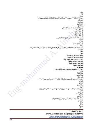 ‫ع‬ ‫زورونا‬"‫نور‬ ‫العلم‬"
www.facebook.com/groups/me1996
Eng-mohammad A. Almahsere‎‫‏‬‫‏‬‫‏‬‫‏‬
56
‫مكان‬
‫آلة‬
‫مفعول‬
:‫س‬.622-‫كلمة‬""‫محبوب‬""‫من‬‫الناحية‬‫الصرفية‬:‫في‬‫قولنا‬:‫المجتهد‬‫محبوب‬:"
‫اسم‬‫مكان‬
‫اسم‬‫زمان‬
‫اسم‬‫مفعول‬
‫اسم‬‫فاعل‬
:‫س‬.623-‫الجملة‬‫الصحيحة‬‫فيما‬‫يلي‬:
ّ‫إن‬‫أخاك‬‫مجته‬‫د‬
ّ‫إن‬‫أخيك‬‫مجتهد‬‫ا‬
ّ‫إن‬‫أخوك‬‫مجتهد‬‫ا‬
ّ‫إن‬‫أخاك‬‫مجتهد‬‫ا‬
:‫س‬.624-‫هم‬‫يحسدونني‬.‫النون‬‫الثانية‬:‫لل‬......
‫الوقاية‬
‫اإلعراب‬
‫جمع‬‫المذكر‬‫السالم‬
‫زائدة‬
:‫س‬.625-‫ّرت‬‫د‬‫ق‬‫الضمة‬‫على‬‫الفعل‬)‫ينهى‬(‫في‬‫قوله‬‫تعالى‬:""‫أرأيت‬‫الذي‬‫ينهى‬‫عبدا‬‫إذا‬‫ى‬ّ‫ل‬‫ص‬""
‫بسبب‬:"
‫ر‬ّ‫ذ‬‫التع‬
‫الثقل‬
‫اشتغال‬‫المحل‬‫بحركة‬‫المناسبة‬
‫اشتغال‬‫المحل‬‫بحركة‬‫الحكاية‬
:‫س‬.626-‫يبنى‬‫الفعل‬‫المضارع‬‫إذا‬:
‫اتصل‬‫بنون‬‫التوكيد‬‫الخفيفة‬
‫اتصل‬‫بنون‬‫التوكيد‬‫الثقيلة‬
‫اتصل‬‫بنون‬‫النسوة‬
‫جميع‬‫ما‬‫ذكر‬
:‫س‬.627-‫المؤمنون‬‫صادقون‬.‫صورة‬‫الخبر‬‫هنا‬:
‫مفرد‬
‫جملة‬‫فعلية‬
‫جملة‬‫اسمية‬
‫شبه‬‫جملة‬
:‫س‬.626-‫اعراب‬‫كلمة‬)‫يسرا‬(‫في‬‫قوله‬‫تعالى‬: ""‫ان‬‫مع‬‫العسر‬‫يسرا‬"" : "
‫خبر‬‫إن‬
‫اسم‬‫إن‬
‫مبتدأ‬‫مؤخر‬
‫تمييز‬
:‫س‬.629-‫ضبط‬‫كلمة‬)‫يوسف‬(‫في‬: )‫اتيت‬‫من‬‫عند‬‫يوسف‬‫بالخير‬‫الكثير‬(‫هو‬:
‫الفتحة‬
‫تنوين‬‫الكسر‬
‫الكسرة‬
‫تنوين‬‫الفتح‬
:‫س‬.632-‫واحد‬‫من‬‫التالية‬‫ليس‬‫من‬‫فروع‬‫البالغة‬‫وهو‬:
‫العروض‬
‫البيان‬
‫المعاني‬
‫البديع‬
 