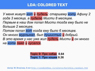 LDA: COLORED TEXT
Автор: М. Игнатова, 8 лет http://vsookoshkax.ru/istorii/korotkie_rasskazi.htm
У меня живут кот и пудель: старшему коту Афину 2
года 3 месяца, а пуделю Мисти 8 месяцев.
Первым в наш дом попал Мисти тогда ему было не
больше 2 месяцев.
Потом попал кот когда ему было 6 месяцев.
Он много мурлыкал, был пушистый и добрый.
В это время у нас уже жил пудель Мисти и он много
на кота лаял и кусался.
Topic 0: Про собак 0.64
Topic 1: Про кошек 0.36
 