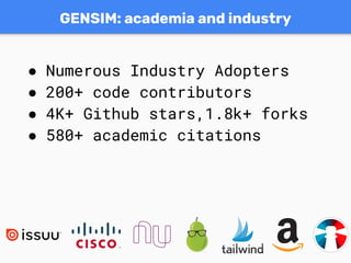 GENSIM: academia and industry
● Numerous Industry Adopters
● 200+ code contributors
● 4K+ Github stars,1.8k+ forks
● 580+ academic citations
 