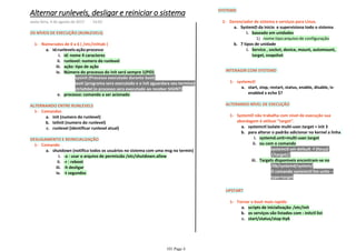 OS NÍVEIS DE EXECUÇÃO (RUNLEVELS)
id: nome 4 caracteresi.
runlevel: numero do runlevelii.
ação: tipo de açãoiii.
sysinit (Processo executado durante boot)1)
wait (programa sera executado e o init aguardara seu termino)2)
ctrlaltdel (o processo sera executado ao receber SIGINT)3)
Número do processo do init será sempre 1(PID)iv.
processo: comando a ser acionadov.
id:runlevels:ação:processoa.
Númerados de 0 a 6 ( /etc/inittab )1-
init (numero do runlevel)a.
telinit (numero do runlevel)b.
runlevel (identificar runlevel atual)c.
Comandos1-
ALTERNANDO ENTRE RUNLEVELS
-a : usar o arquivo de permissão /etc/shutdown.allowi.
-r : rebootii.
-h desligariii.
-t segundosiv.
shutdown (notifica todos os usuários no sistema com uma msg no termin)a.
Comando1-
DESLIGAMENTO E REINICIALIZAÇÃO
SYSTEMD
nome:tipo:arquivo de configuração1)
baseado em unidadesi.
SystemD da inicio e supervisiona todo o sistemaa.
Service , socket, device, mount, automount,
target, snapshot
i.
7 tipos de unidadeb.
Gerenciador de sistema e serviços para Linux.1-
INTERAGIR COM SYSTEMD
start, stop, restart, status, enable, disable, is-
enabled x echo $?
a.
systemctl1-
systemctl isolate multi-user.target = init 3a.
systemd.unit=multi-user.targeti.
systemctl set-default -f (força)
//target//
1)
ou com o comandoii.
/lib/systemd/system/1)
O comando systemctl list-units --
type=target
2)
Targets disponiveis encontram-se noiii.
para alterar o padrão adicionar no kernel a linhab.
SystemD não trabalha com nível de execução sua
abordagem é utilizar "target".
1-
ALTERANDO NÍVEL DE EXECUÇÃO
UPSTART
scripts de inicialização: /etc/inita.
os serviços são listados com : initctl listb.
start/status/stop tty6c.
Tornar o boot mais rapido1-
Alternar runlevels, desligar e reiniciar o sistema
sexta-feira, 4 de agosto de 2017 14:03
101 Page 4
 