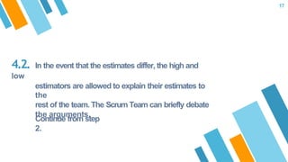 4.2. In the event that the estimates differ, the high and
low
estimators are allowed to explain their estimates to
the
rest of the team. The Scrum Team can briefly debate
the arguments.
Continue from step
2.
17
 