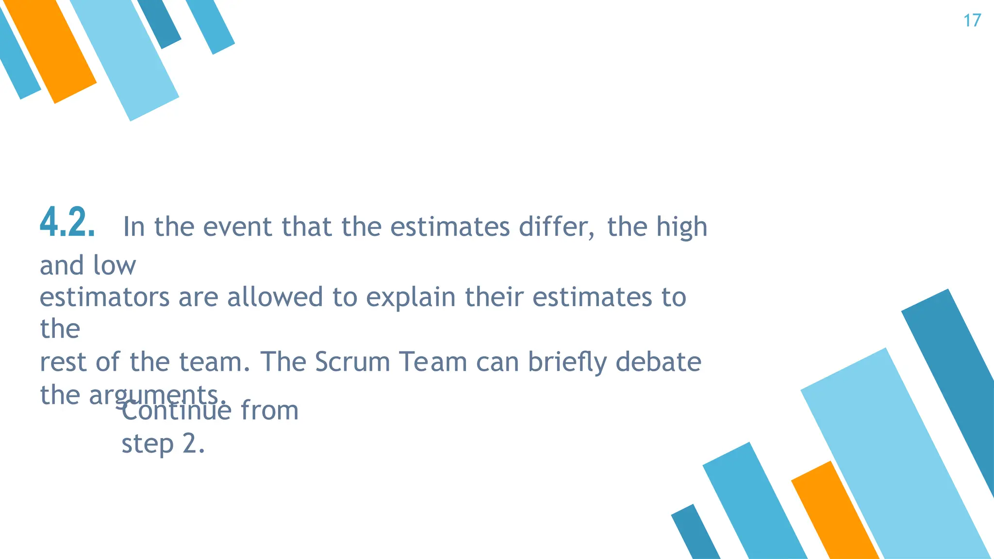4.2. In the event that the estimates differ, the high
and low
estimators are allowed to explain their estimates to
the
rest of the team. The Scrum Team can brieﬂy debate
the arguments.
Continue from
step 2.
17
 