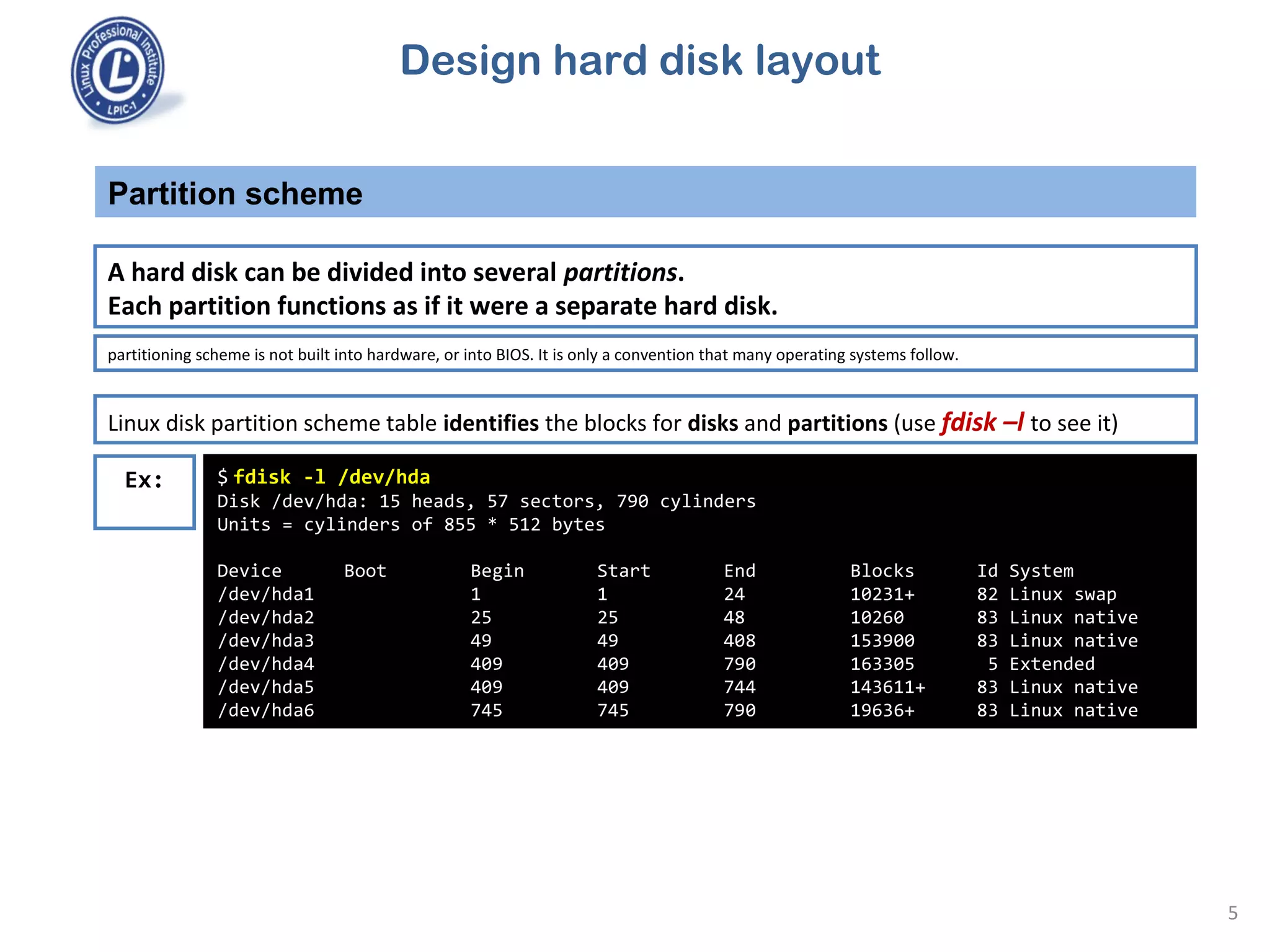 Partition scheme
5
Linux disk partition scheme table identifies the blocks for disks and partitions (use fdisk –l to see it)
A hard disk can be divided into several partitions.
Each partition functions as if it were a separate hard disk.
partitioning scheme is not built into hardware, or into BIOS. It is only a convention that many operating systems follow.
Ex: $ fdisk -l /dev/hda
Disk /dev/hda: 15 heads, 57 sectors, 790 cylinders
Units = cylinders of 855 * 512 bytes
Device Boot Begin Start End Blocks Id System
/dev/hda1 1 1 24 10231+ 82 Linux swap
/dev/hda2 25 25 48 10260 83 Linux native
/dev/hda3 49 49 408 153900 83 Linux native
/dev/hda4 409 409 790 163305 5 Extended
/dev/hda5 409 409 744 143611+ 83 Linux native
/dev/hda6 745 745 790 19636+ 83 Linux native
Design hard disk layout
 