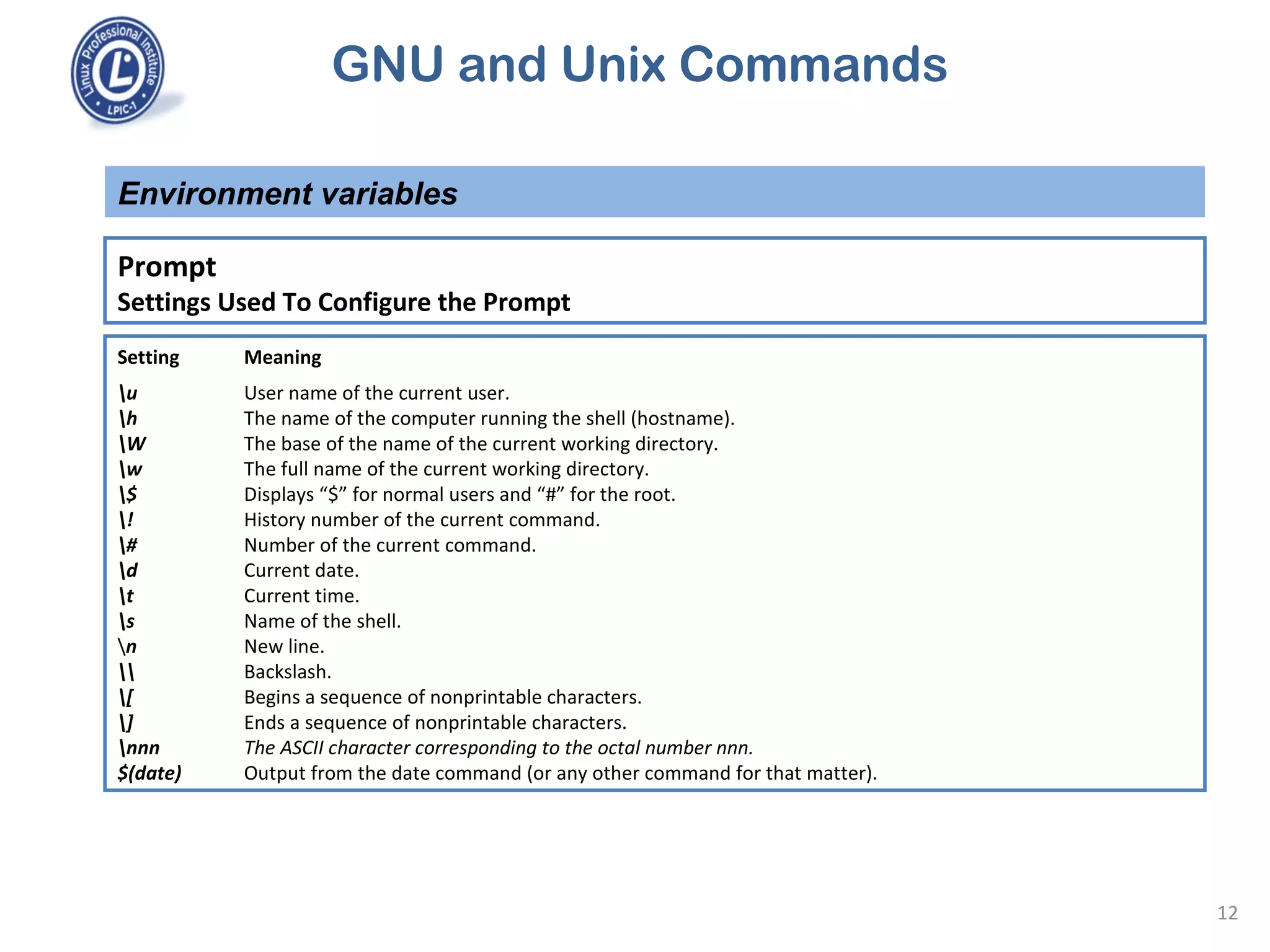 GNU and Unix Commands
Environment variables
12
Prompt
Settings Used To Configure the Prompt
Setting Meaning
u User name of the current user.
h The name of the computer running the shell (hostname).
W The base of the name of the current working directory.
w The full name of the current working directory.
$ Displays “$” for normal users and “#” for the root.
! History number of the current command.
# Number of the current command.
d Current date.
t Current time.
s Name of the shell.
n New line.
 Backslash.
[ Begins a sequence of nonprintable characters.
] Ends a sequence of nonprintable characters.
nnn The ASCII character corresponding to the octal number nnn.
$(date) Output from the date command (or any other command for that matter).
 