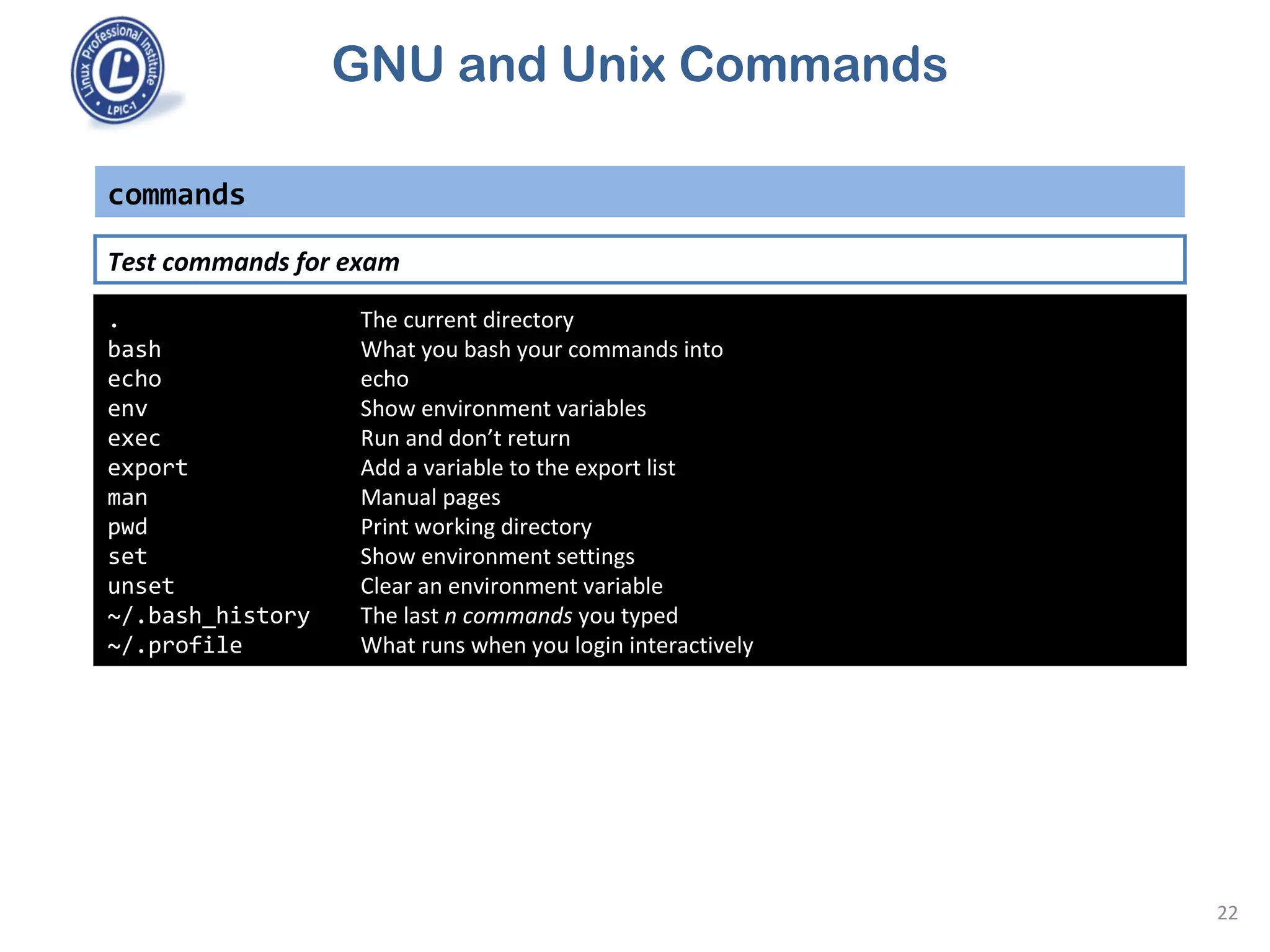 commands
. The current directory
bash What you bash your commands into
echo echo
env Show environment variables
exec Run and don’t return
export Add a variable to the export list
man Manual pages
pwd Print working directory
set Show environment settings
unset Clear an environment variable
~/.bash_history The last n commands you typed
~/.profile What runs when you login interactively
Test commands for exam
22
GNU and Unix Commands
 
