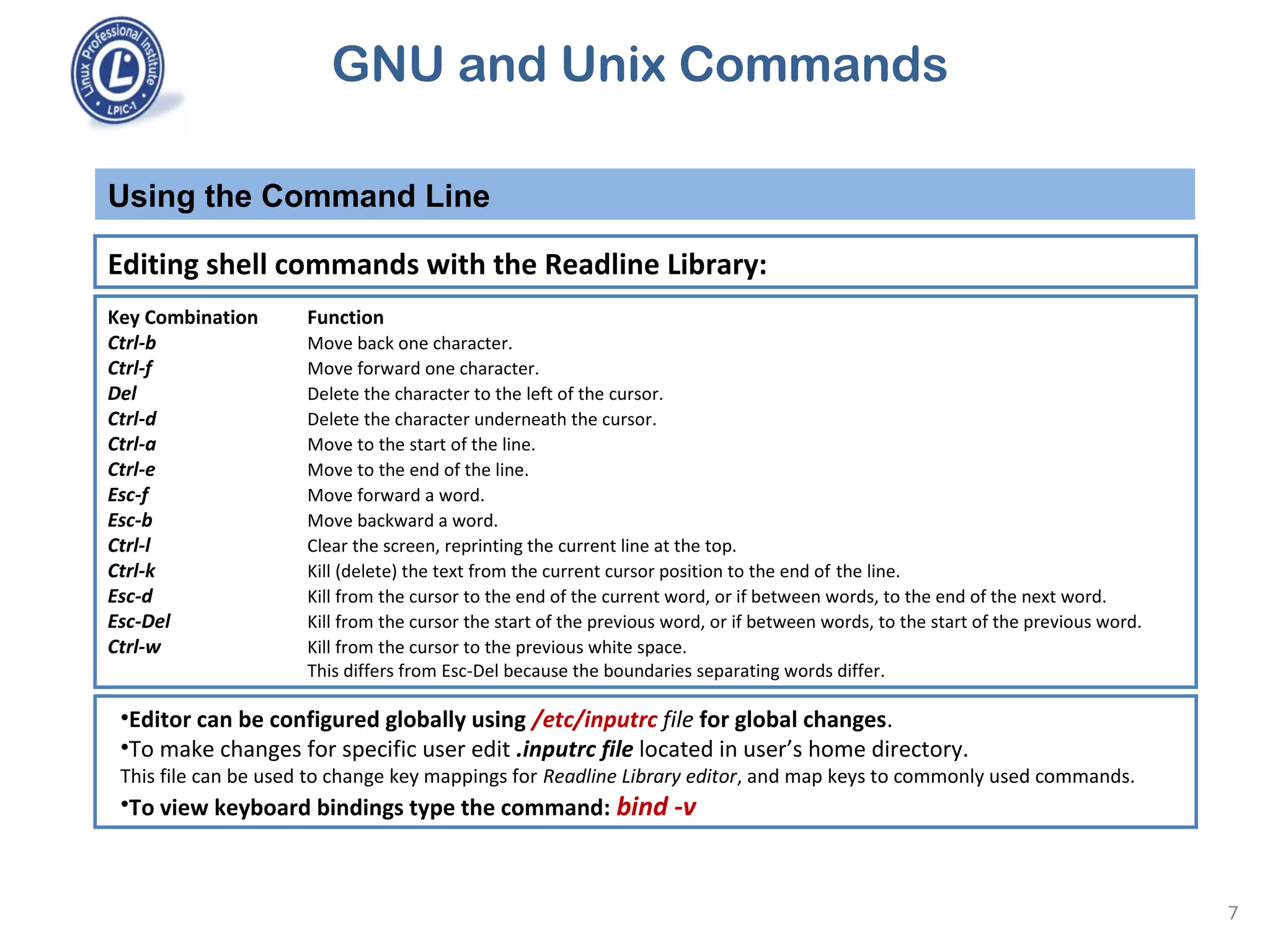 GNU and Unix Commands
Using the Command Line
7
Editing shell commands with the Readline Library:
Key Combination Function
Ctrl-b Move back one character.
Ctrl-f Move forward one character.
Del Delete the character to the left of the cursor.
Ctrl-d Delete the character underneath the cursor.
Ctrl-a Move to the start of the line.
Ctrl-e Move to the end of the line.
Esc-f Move forward a word.
Esc-b Move backward a word.
Ctrl-l Clear the screen, reprinting the current line at the top.
Ctrl-k Kill (delete) the text from the current cursor position to the end of the line.
Esc-d Kill from the cursor to the end of the current word, or if between words, to the end of the next word.
Esc-Del Kill from the cursor the start of the previous word, or if between words, to the start of the previous word.
Ctrl-w Kill from the cursor to the previous white space.
This differs from Esc-Del because the boundaries separating words differ.
•Editor can be configured globally using /etc/inputrc file for global changes.
•To make changes for specific user edit .inputrc file located in user’s home directory.
This file can be used to change key mappings for Readline Library editor, and map keys to commonly used commands.
•To view keyboard bindings type the command: bind -v
 