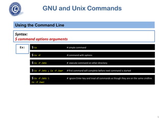GNU and Unix Commands
Syntax:
$ command options arguments
Using the Command Line
5
$ ls # simple commandEx:
$ ls –F # command with options
$ ls -F /etc # execute command on other directory
$ ls -F /etc ; ls -F /usr # first command will complete before next command is started
$ ls -F /etc  # ignore Enter key and treat all commands as though they are on the same cmdline.
ls -F /usr
 