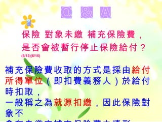 保險 對象未繳 補充保險費，
 是否會被暫行停止保險給付？
 (8/13)(6/15)



補充保險費收取的方式是採由給付
所得單位（即扣費義務人）於給付
時扣取，
一般稱之為就源扣繳，因此保險對
象不
 