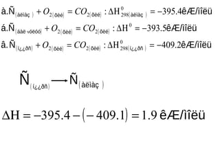 ( ) ( ) ( ) ( )
( ) ( ) ( )
( ) ( ) ( ) ( ) êÆ/ìîëüÑâ.
êÆ/ìîëüá.Ñ
êÆ/ìîëüà.Ñ
í¿¿ðñõèéõèéí¿¿ðñ
õèéõèéóëóóáàë
àëìàçõèéõèéàëìàç
2.409:
5.393:
4.395:
0
29822
0
22
0
29822
−=∆Η=+
−=∆Η=+
−=∆Η=+
COO
COO
COO
ч
( )í¿¿ðñ
Ñ ( )àëìàçÑ
( ) ìîëüêÆ/9.11.4094.395 =−−−=∆Η
 