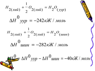 )(2)(2
2
1
)(2 уур
OH
хий
O
хий
H =+
молькЖуурH /242
0
−=∆
)(2)(2
2
1
)(2 шин
OH
хий
O
хий
H =+
молькЖшинH /282
0
−=∆
молькЖшинНуурНH /40000 −=∆−∆=∆
 