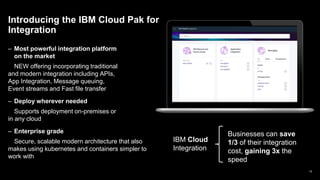 Introducing the IBM Cloud Pak for
Integration
12
– Most powerful integration platform
on the market
NEW offering incorporating traditional
and modern integration including APIs,
App Integration, Message queuing,
Event streams and Fast file transfer
– Deploy wherever needed
Supports deployment on-premises or
in any cloud
– Enterprise grade
Secure, scalable modern architecture that also
makes using kubernetes and containers simpler to
work with
Businesses can save
1/3 of their integration
cost, gaining 3x the
speed
IBM Cloud
Integration
 