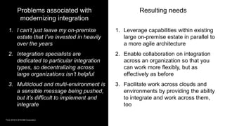 9Think 2019 © 2019 IBM Corporation
1. I can’t just leave my on-premise
estate that I’ve invested in heavily
over the years
2. Integration specialists are
dedicated to particular integration
types, so decentralizing across
large organizations isn’t helpful
3. Multicloud and multi-environment is
a sensible message being pushed,
but it’s difficult to implement and
integrate
Problems associated with
modernizing integration
Resulting needs
1. Leverage capabilities within existing
large on-premise estate in parallel to
a more agile architecture
2. Enable collaboration on integration
across an organization so that you
can work more flexibly, but as
effectively as before
3. Facilitate work across clouds and
environments by providing the ability
to integrate and work across them,
too
 