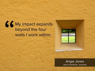 “
My impact expands
beyond the four
walls I work within.
Angie Jones

Java champion, inventor
 