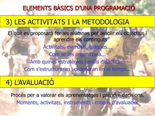 ELEMENTS BÀSICS D’UNA PROGRAMACIÓ

3) LES ACTIVITATS I LA METODOLOGIA
El què es proposarà fer als alumnes per assolir els objectius i
aprendre els continguts
Activitats, exercicis, tasques...
Com se les organitzarà...
Amb quines estratègies i estils didàctics...
Com s’estructuraran i ordenaran en el temps...

4) L’AVALUACIÓ
Procés per a valorar els aprenentatges i prendre decisions.
Moments, activitats, instruments i criteris d’avaluació.

 