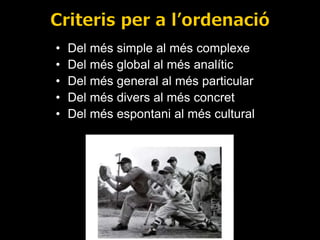 •
•
•
•
•

Del més simple al més complexe
Del més global al més analític
Del més general al més particular
Del més divers al més concret
Del més espontani al més cultural

 