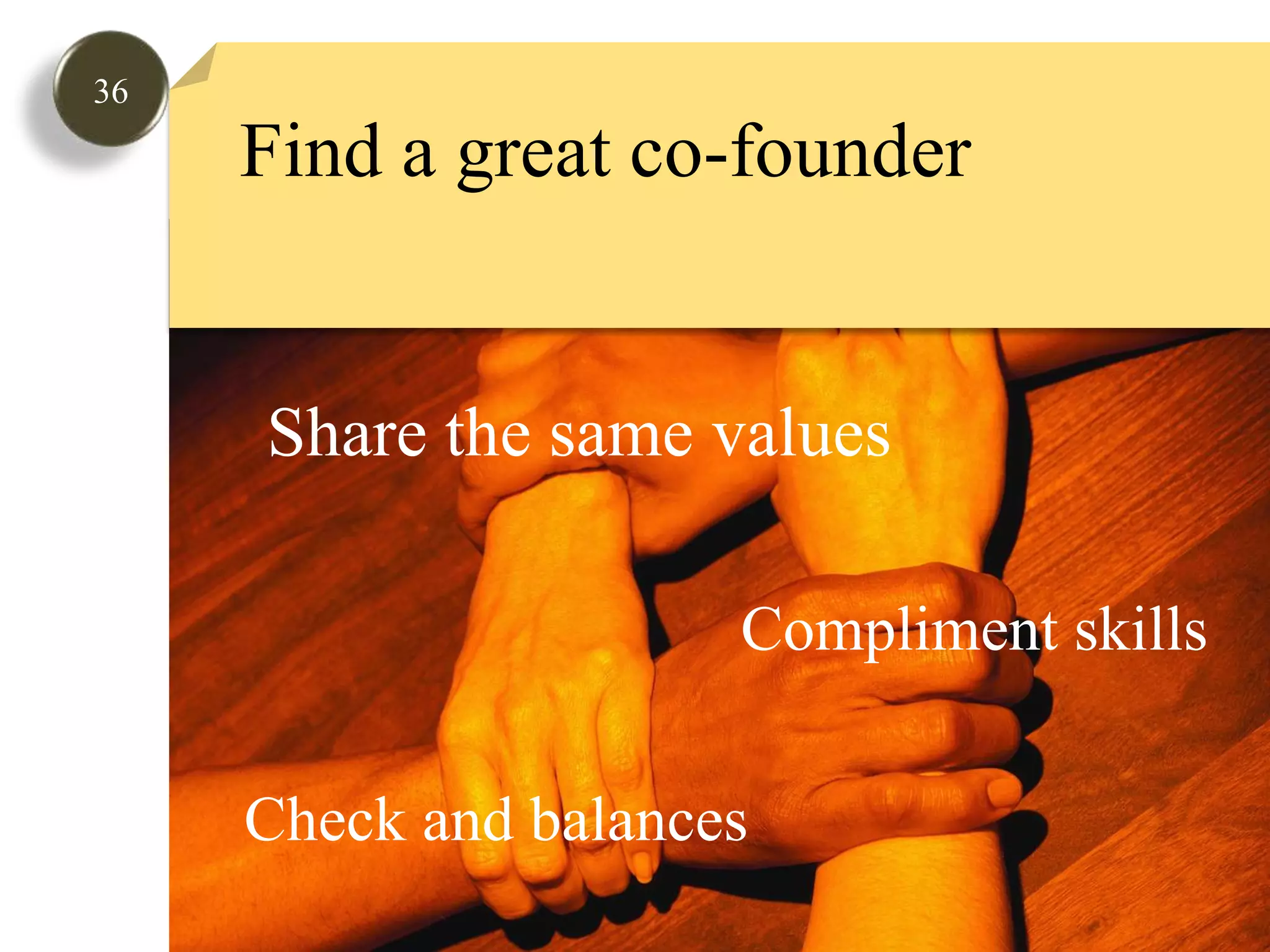 36Find a great co-founderShare the same valuesCompliment skillsCheck and balances