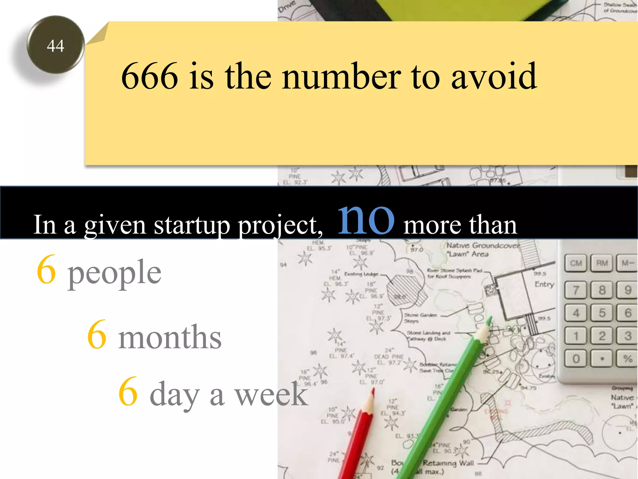 44666 is the number to avoidIn a given startup project,  nomore than 6people6months6day a week