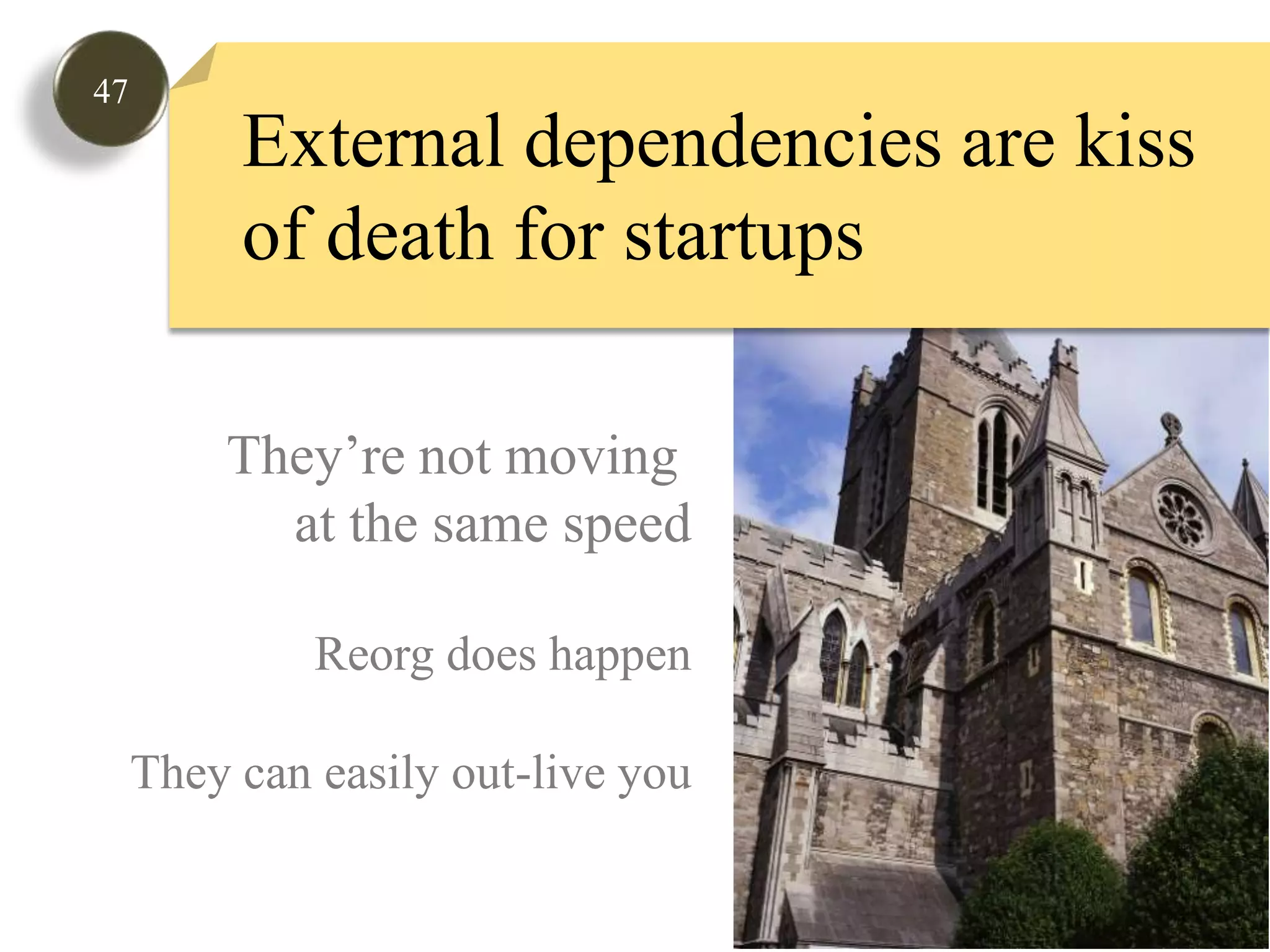 47External dependencies are kiss of death for startupsThey’re not moving at the same speedReorg does happenThey can easily out-live you