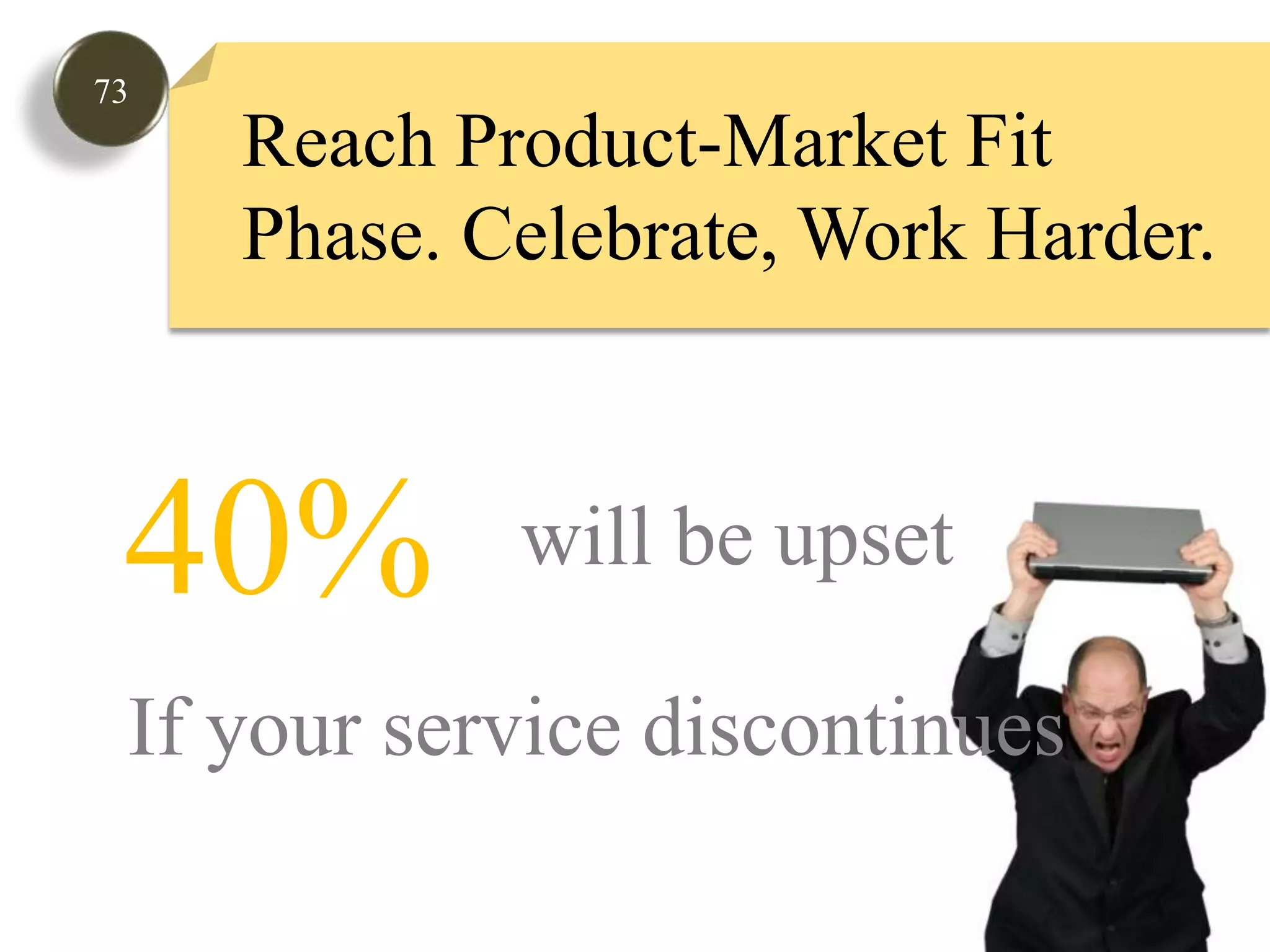 73Reach Product-Market Fit Phase. Celebrate, Work Harder.40%will be upset If your service discontinues