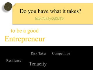 1Do you have what it takes? http://bit.ly/5dGJFbto be a goodEntrepreneurRisk TakerCompetitiveResilience Tenacity