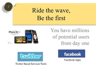 7Ride the wave, Be the firstYou have millionsof potential usersfrom day oneFacebook AppsTwitter Based Services/Tools