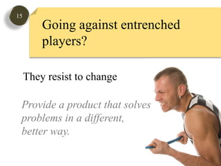 15Going against entrenched players? They resist to change Provide a product that solvesproblems in a different, better way. 