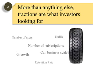 26More than anything else, tractions are what investors looking forTrafficNumber of usersNumber of subscriptionsCan business scale?GrowthRetention Rate