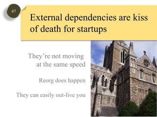 47External dependencies are kiss of death for startupsThey’re not moving at the same speedReorg does happenThey can easily out-live you