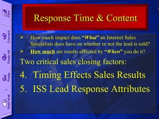 How much impact does  “ What ”  an Internet Sales Specialists does have on whether or not the lead is sold?  How much  are results effected by  “ When ”  you do it? Two critical sales closing factors: Timing Effects Sales Results ISS Lead Response Attributes Response Time & Content 