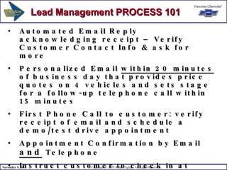 Automated Email Reply acknowledging receipt – Verify Customer Contact Info & ask for more  Personalized Email  within 20 minutes  of business day that provides price quotes on 4 vehicles and sets stage for a follow-up telephone call within 15 minutes First Phone Call to customer: verify receipt of email and schedule a demo/test drive appointment Appointment Confirmation by Email  and   Telephone Instruct customer to check in at reception desk, ASM reviews agenda upon customer arrival, introduces ISS who sells & delivers the vehicle  Follow-up Email that sets the stage for referrals and additional business, to be routed to ISS who sold car Lead Management PROCESS 101 