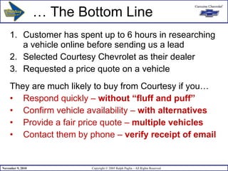 … The Bottom Line Customer has spent up to 6 hours in researching a vehicle online before sending us a lead  Selected Courtesy Chevrolet as their dealer Requested a price quote on a vehicle They are much likely to buy from Courtesy if you… Respond quickly –  without “fluff and puff” Confirm vehicle availability –  with alternatives   Provide a fair price quote –  multiple vehicles Contact them by phone –  verify receipt of email 