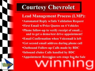 Courtesy Chevrolet Lead Management Process (LMP): Automated Reply w/Info Validation Request First Email w/Price Quotes on 4 Vehicles Phone follow-up to verify receipt of email…    and to get a demo/test drive appointment! Email Confirmation when Voicemail is left Get second email address during phone call Outbound Follow-up Calls made by BDC Inbound eSales Calls handled by BDC Appointment Reception sets stage for the Sale 