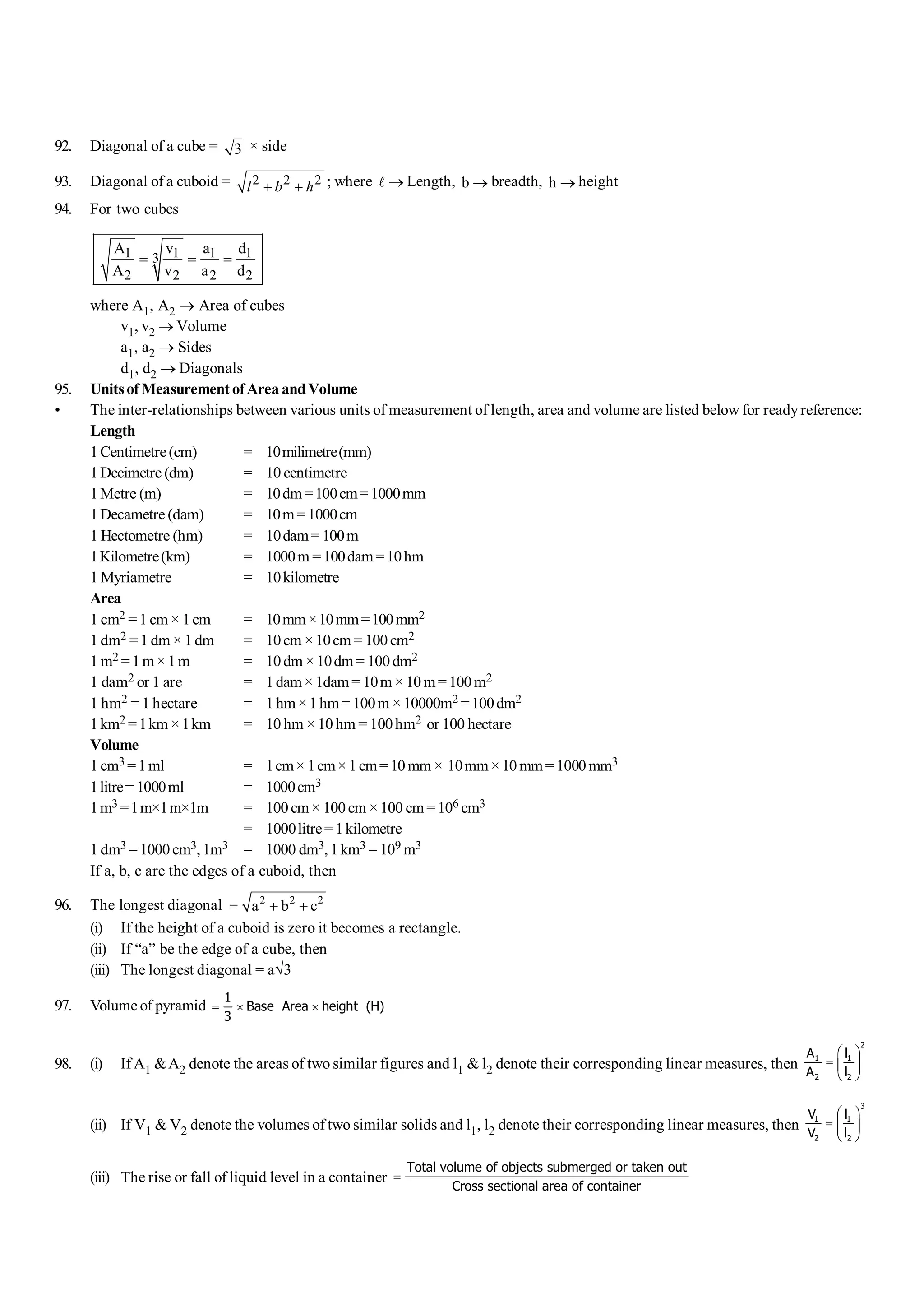 S-18 101 Shortcuts in Quantitative Aptitude
92. Diagonal of a cube = 3 × side
93. Diagonal of a cuboid = 2 2 2
l b h
+ + ; where ®
l Length, b ® breadth, h ® height
94. For two cubes
1 1 1 1
3
2 2 2 2
A v a d
A v a d
= = =
where A1, A2 ® Area of cubes
v1, v2 ® Volume
a1, a2 ® Sides
d1, d2 ® Diagonals
95. Unitsof Measurement ofArea andVolume
• The inter-relationships between various units of measurement of length, area and volume are listed below for readyreference:
Length
1Centimetre(cm) = 10milimetre(mm)
1Decimetre (dm) = 10 centimetre
1Metre (m) = 10dm=100cm=1000mm
1Decametre (dam) = 10m=1000cm
1 Hectometre (hm) = 10dam= 100m
1Kilometre(km) = 1000m =100dam=10hm
1 Myriametre = 10kilometre
Area
1 cm2 =1 cm × 1cm = 10mm×10mm=100mm2
1 dm2 =1 dm × 1dm = 10cm ×10cm= 100cm2
1 m2 =1m×1m = 10dm ×10dm= 100dm2
1 dam2 or 1 are = 1dam× 1dam= 10m ×10m=100m2
1 hm2 = 1 hectare = 1hm×1hm=100m ×10000m2 =100dm2
1km2 =1km ×1km = 10 hm ×10 hm = 100hm2 or 100 hectare
Volume
1 cm3 =1ml = 1cm× 1cm×1cm=10mm × 10mm×10mm=1000mm3
1litre= 1000ml = 1000cm3
1m3 =1m×1m×1m = 100cm× 100cm ×100 cm=106 cm3
= 1000litre= 1kilometre
1 dm3 =1000cm3,1m3 = 1000 dm3,1km3 = 109 m3
If a, b, c are the edges of a cuboid, then
96. The longest diagonal 2 2 2
a b c
= + +
(i) If the height of a cuboid is zero it becomes a rectangle.
(ii) If “a” be the edge of a cube, then
(iii) The longest diagonal = aÖ3
97. Volume of pyramid = ´ ´
1
3
Base Area height H)
(
98. (i) If A1 &A2 denote the areas of two similar figures and l1 & l2 denote their corresponding linear measures, then
A
A
l
l
1
2
1
2
2
=
F
HG
I
KJ
(ii) If V1 & V2 denote the volumes of two similar solids and l1, l2 denote their corresponding linear measures, then
V
V
l
l
1
2
1
2
3
=
F
HG
I
KJ
(iii) The rise or fall of liquid level in a container =
Total volume of objects submerged or taken out
Cross sectional area of container
 
