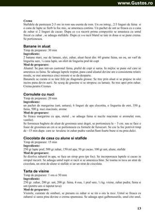 Crema
Stafidele de pastreaza 2-3 ore in rom sau esenta de rom. Un ou intreg , 2/3 linguri de faina si
o cana de lapte se fierb la foc mic, se amestaca continu. Un pachet de unt se freaca cu o cana
de zahar si 2 linguri de cacao. Dupa ce s-a racorit prima compozitie se amasteca cu untul
frecat cu zahar , se adauga stafidele. Dupa ce s-a racit blatul se taie in doua si se pune crema.
Se portioneaza.

Banane in aluat
Timp de preparare: 30 min
Ingrediente:
2 banane mari, suc de lamaie, ulei, zahar, aluat facut din: 60 grame faina, un ou, un varf de
lingurita sare, ¼ cana lapte, un sfert de lingurita praf de copt
Mod de preparare:
Aluatul: Se pun intr-un castronel faina, praful de copt si sarea. In mijloc se pune oul care se
amesteca cu faina. Se adauga laptele treptat, pana cand aluatul devine are o consistenta relativ
moale, se mai amesteca cinci minute si se da deoparte.
Bananele se curata si se taie felii pe diagonala groase. Se trec prin aluat si se prajesc in ulei
incins pana devin aurii. Se scurg de grasime si se stropesc cu lamaie. Se trec apoi prin zahar.
Crema pentru Cremes

Cornulete cu nuci
Timp de preparare: 20 min
Ingrediente:
un pachet de margarina (unt, untura), 6 linguri de apa clocotita, o lingurita de otet, 350 g.
faina, 500 g. nuci macinate, arome
Mod de preparare:
Se freaca margarina cu apa, otetul , se adauga faina si nucile macinate si aromele( rom,
vanilie).
Se formeaza baghete de aluat de grosimea unui deget, se portioneaza la ~ 5 cm. sau se face o
foaie de grosimea un cm si se portioneaza cu formele de fursecuri. Se coc la foc potrivit timp
de ~15 min dupa care se tavalesc in zahar pudra vanilat.Sunt foarte bune si nu prea dulci.

Ciocolata de casa cu alune si stafide
Timp de preparare: 15 min
Ingrediente:
250 gr lapte praf, 500 gr zahar, 150 ml apa, 50 gr cacao, 100 gr unt, alune, stafide
Mod de preparare:
Se dizolva zaharul in apa, se face un sirop gros (pe foc). Se incorporeaza laptele si cacao in
siropul racorit. Se adauga untul topit si racit si se amesteca bine. Se toarna in tava un strat de
ciocolata, un strat de alune si stafide si iar un strat de ciocolata.

Tarta de visine
Timp de preparare: 1 ora si 50 min
Ingrediente:
250 gr. zahar, 200 gr. unt, 200 gr. faina, 4 oua, 1 praf sare, ½ kg. visine, zahar pudra; faina si
unt (pentru uns si tapetat tava)
Mod de preparare:
Visinile, curatate de simburi, se presara cu zahar si se tin o ora la rece. Untul se freaca cu
zaharul si sarea pina devine o crema spumoasa. Se adauga apoi galbenusurile, unul cite unul,

13

 