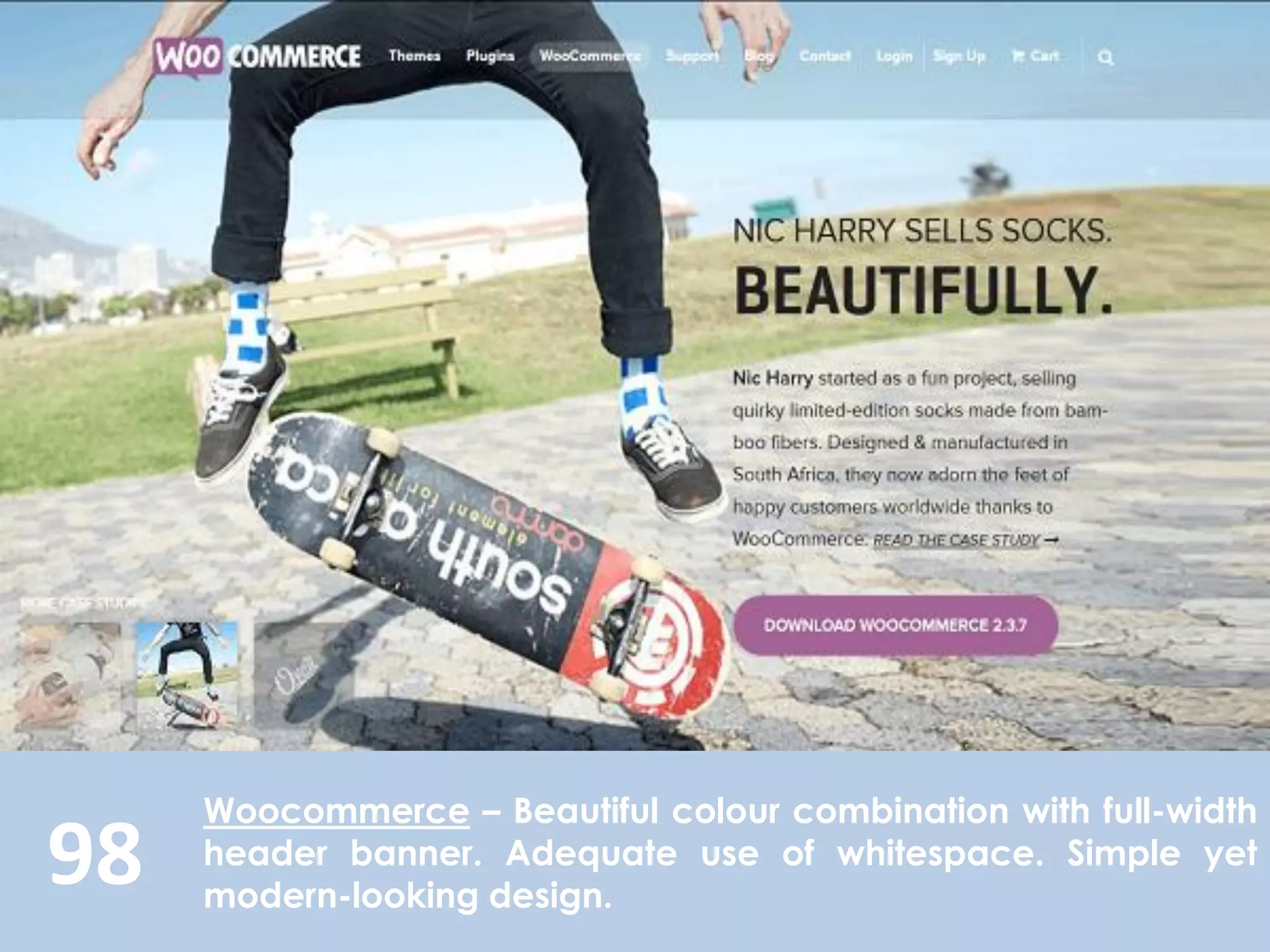 98
Woocommerce – Beautiful colour combination with full-width
header banner. Adequate use of whitespace. Simple yet
modern-looking design.
 