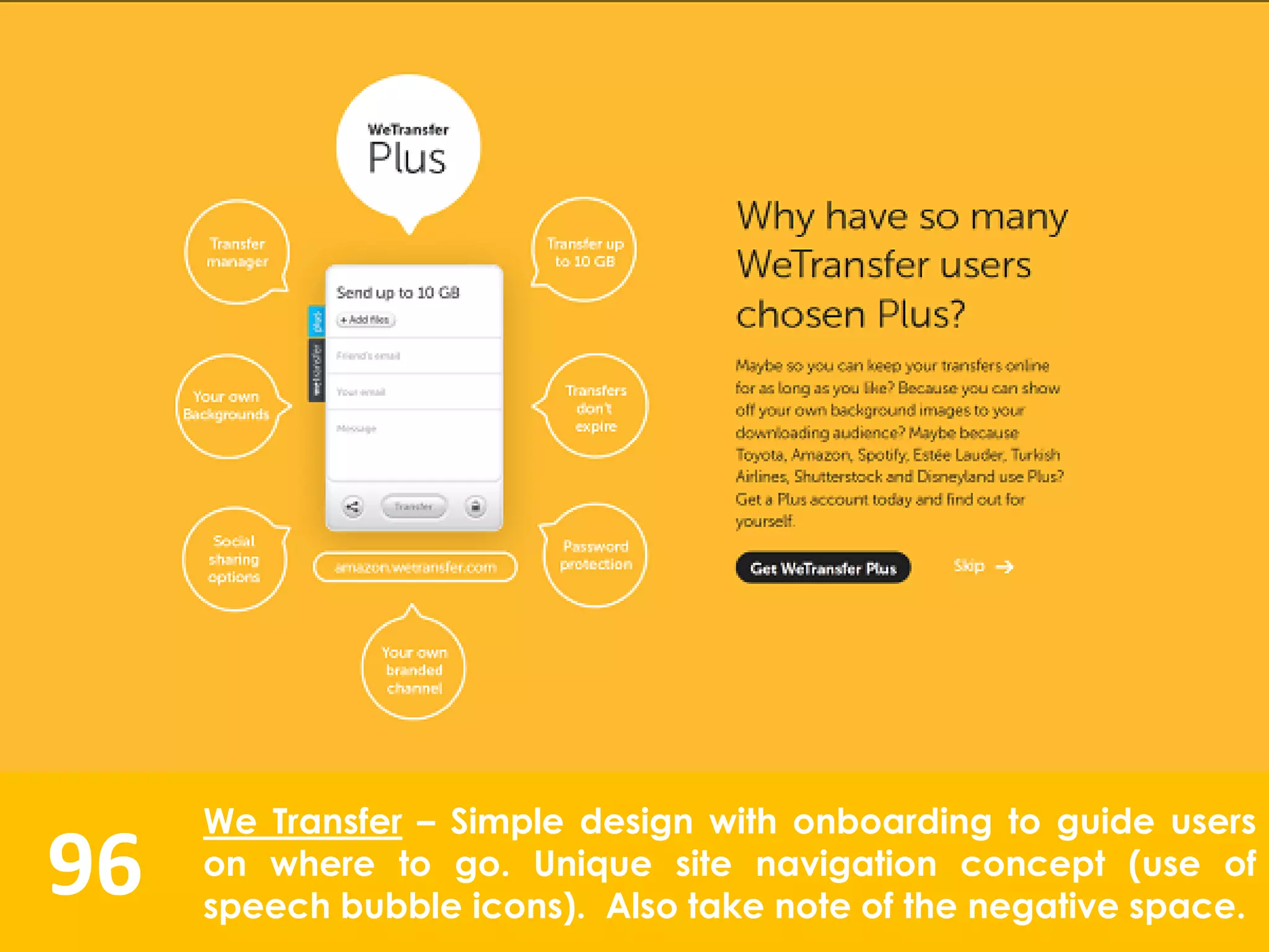 96
We Transfer – Simple design with onboarding to guide users
on where to go. Unique site navigation concept (use of
speech bubble icons). Also take note of the negative space.
 